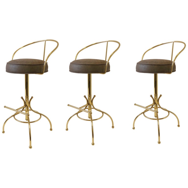 Set of Three Brass and Suede Leather Swivel Barstools by Charles Hollis Jones For Sale