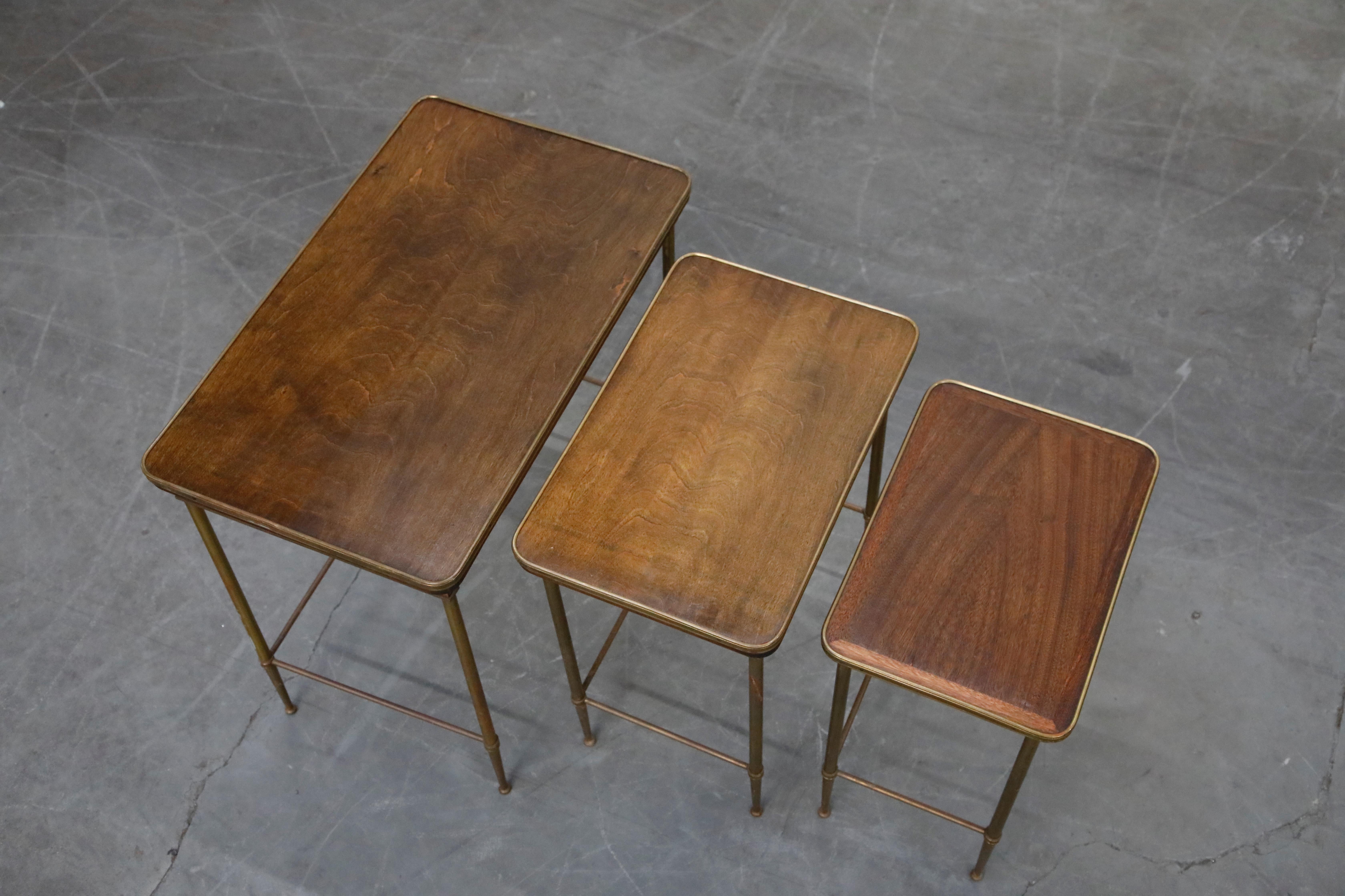 Set of Three Brass and Wood Mid-Century Modern Nesting Tables, circa 1960 2