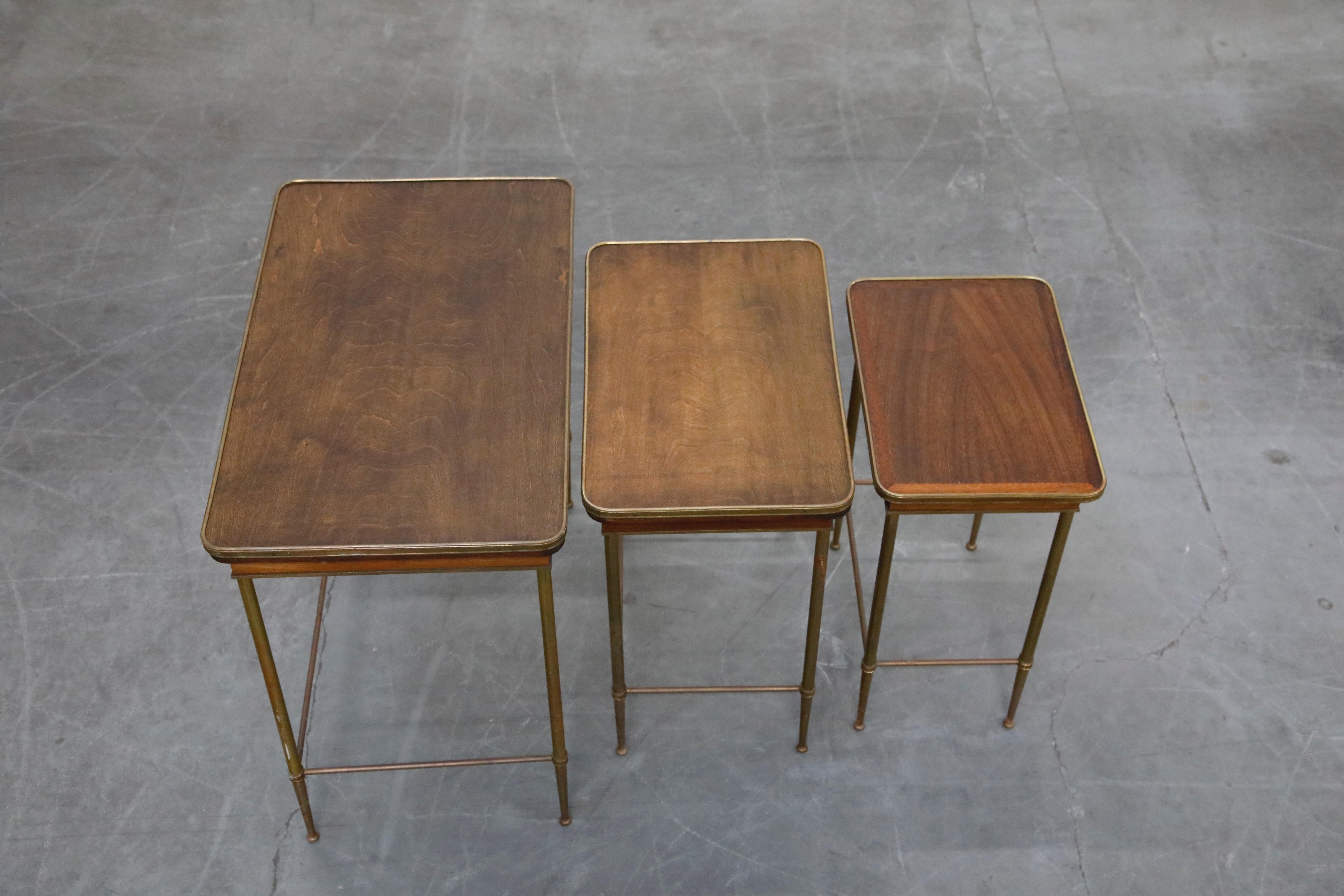 Set of Three Brass and Wood Mid-Century Modern Nesting Tables, circa 1960 3