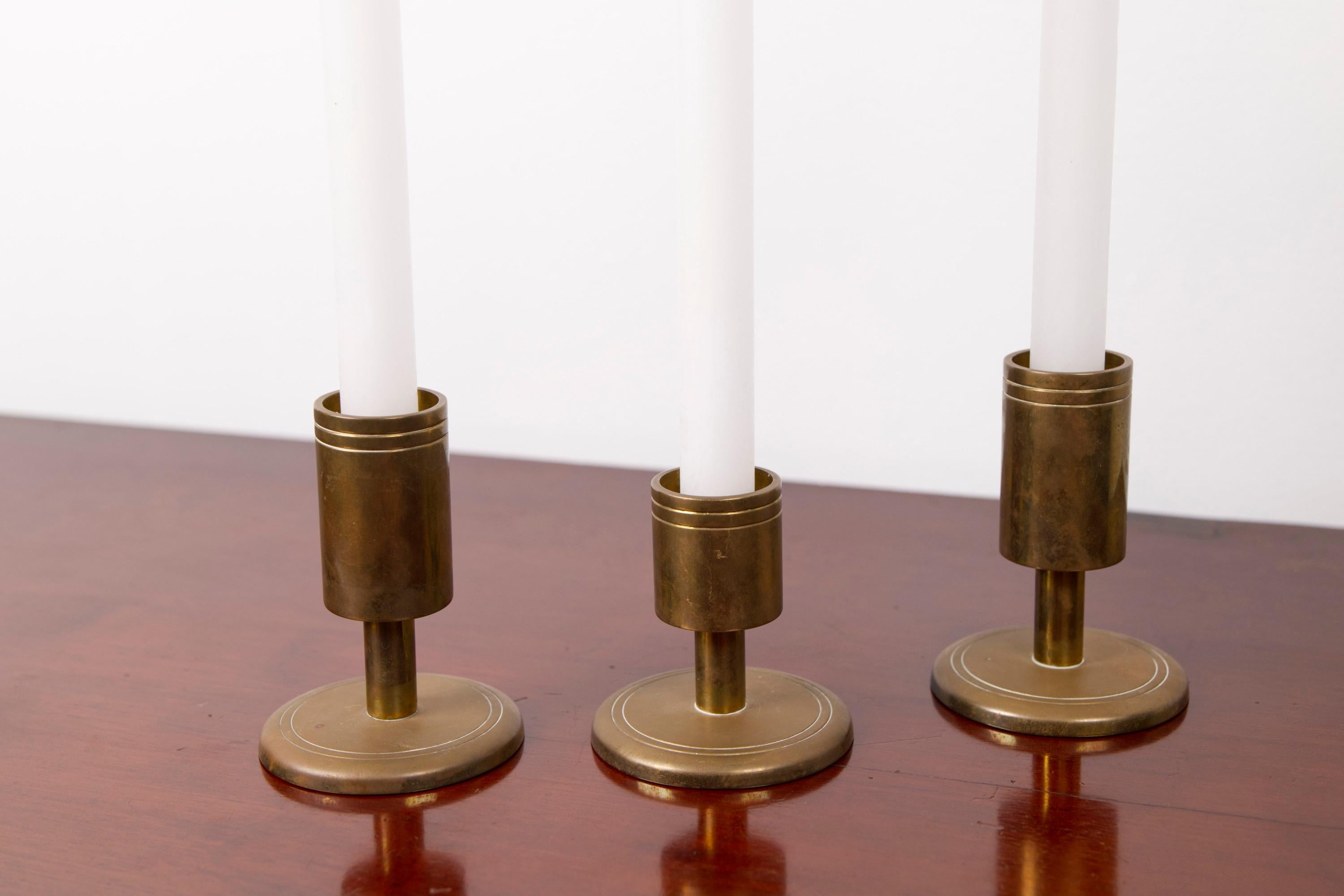 Turned Set of three brass candle holders by Dantorp, Denmark, 1960's For Sale