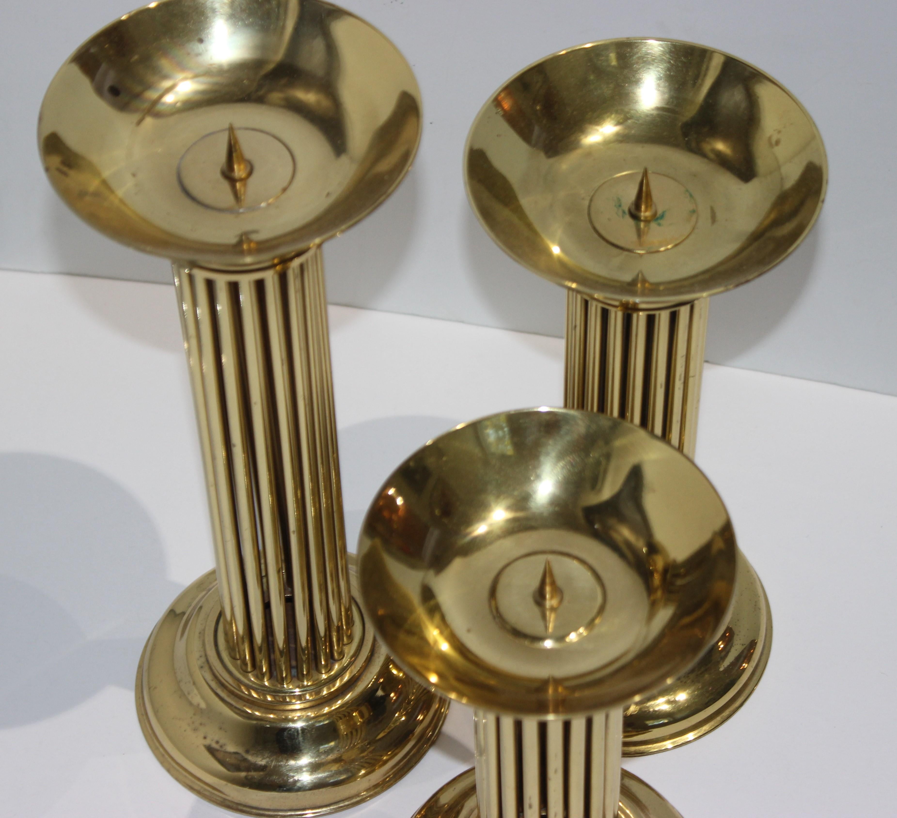 Modern Set of Three Brass Candlesticks in the Style of Karl Springer