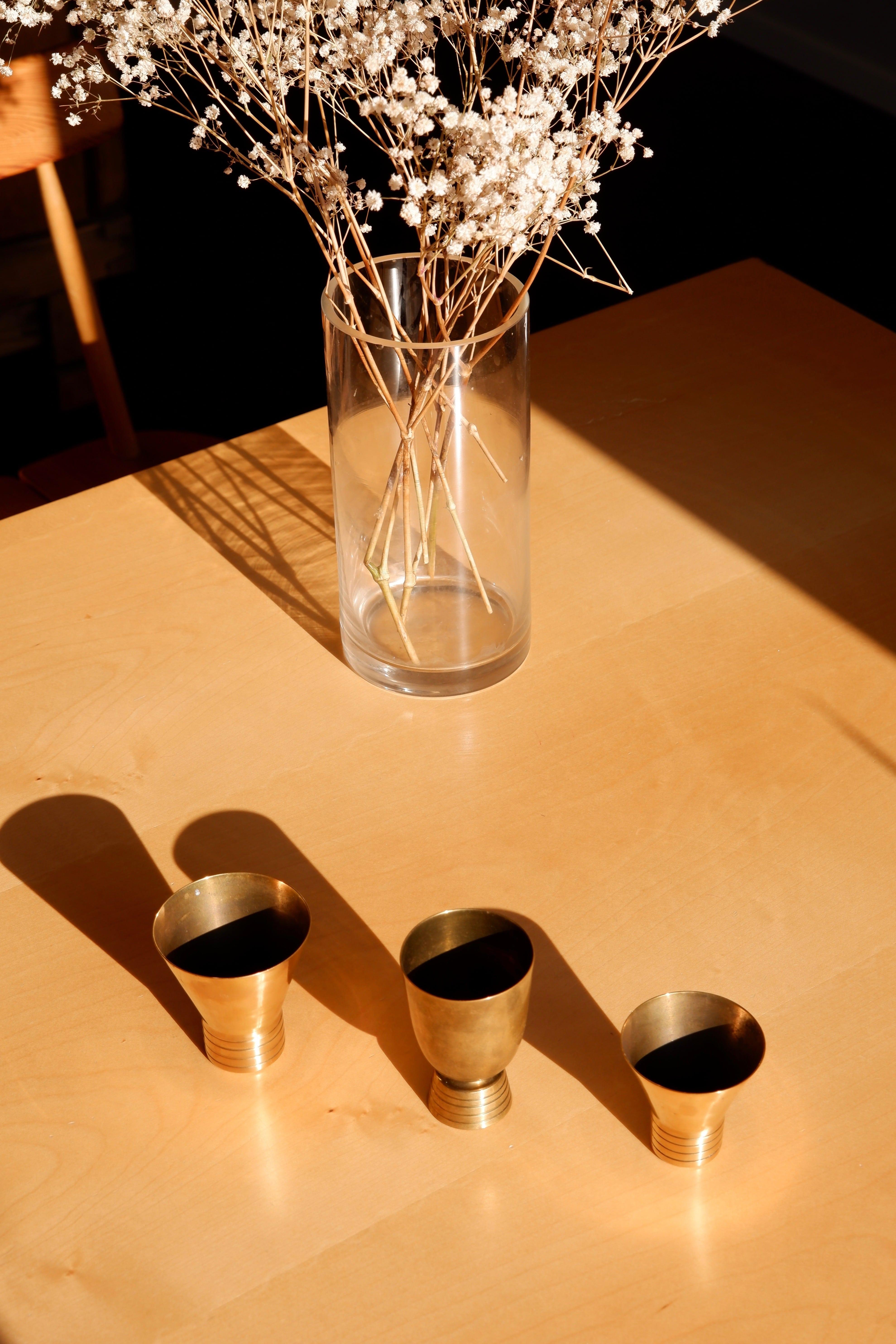 Scandinavian Modern Set of Three Brass Cups Designed by Paavo Tynell for Taito, circa 1940 For Sale