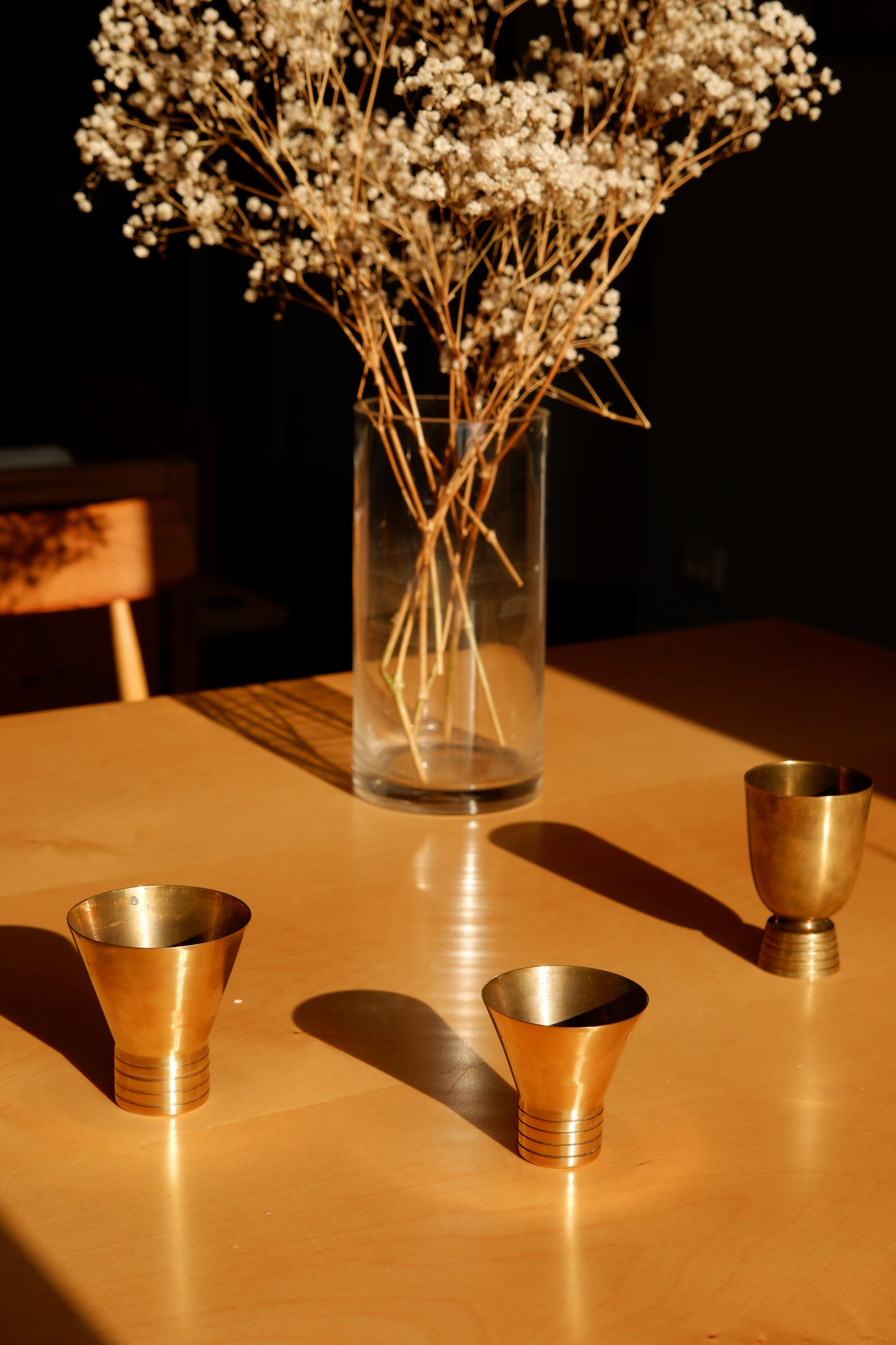 Mid-20th Century Set of Three Brass Cups Designed by Paavo Tynell for Taito, circa 1940 For Sale