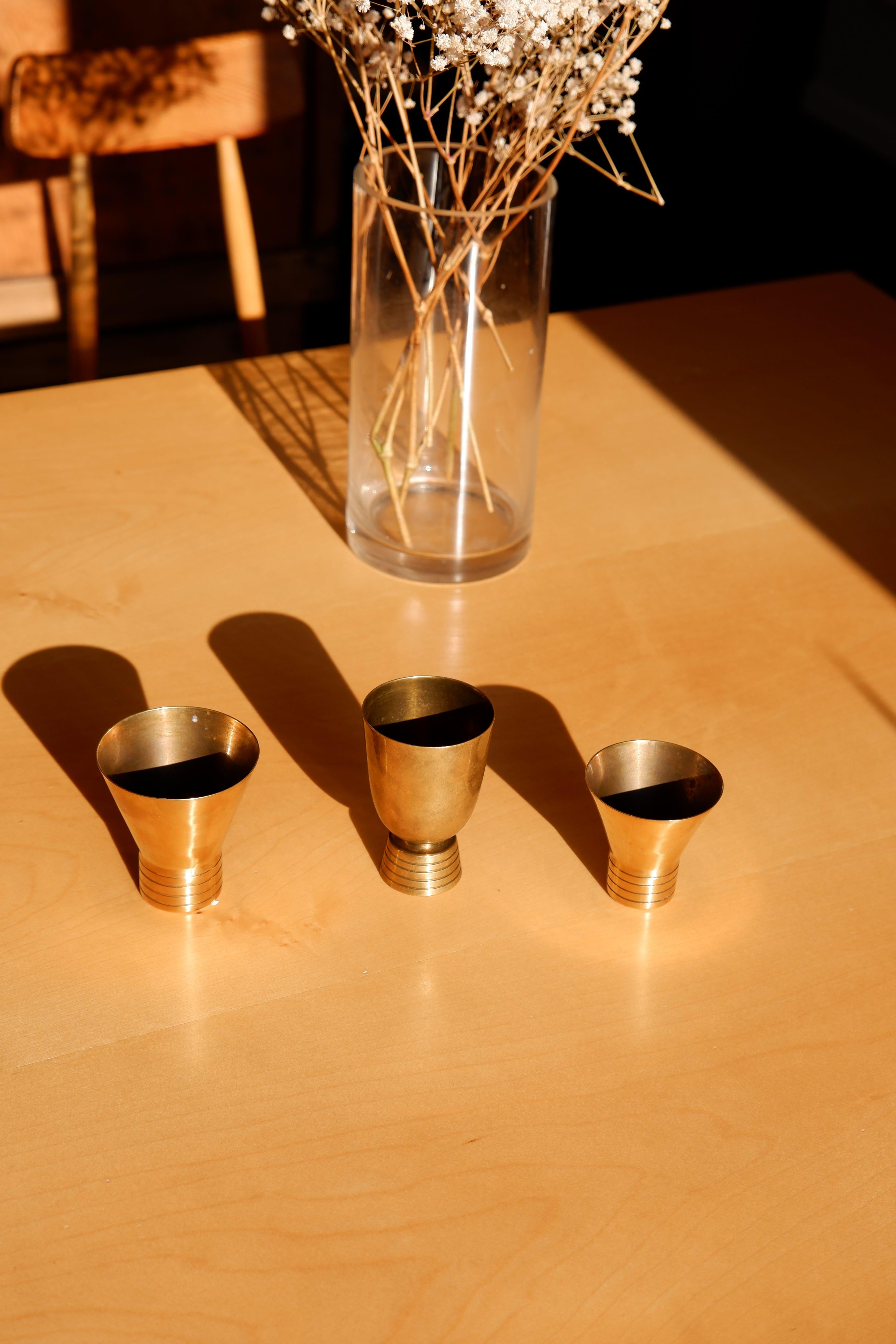 Set of Three Brass Cups Designed by Paavo Tynell for Taito, circa 1940 For Sale 1