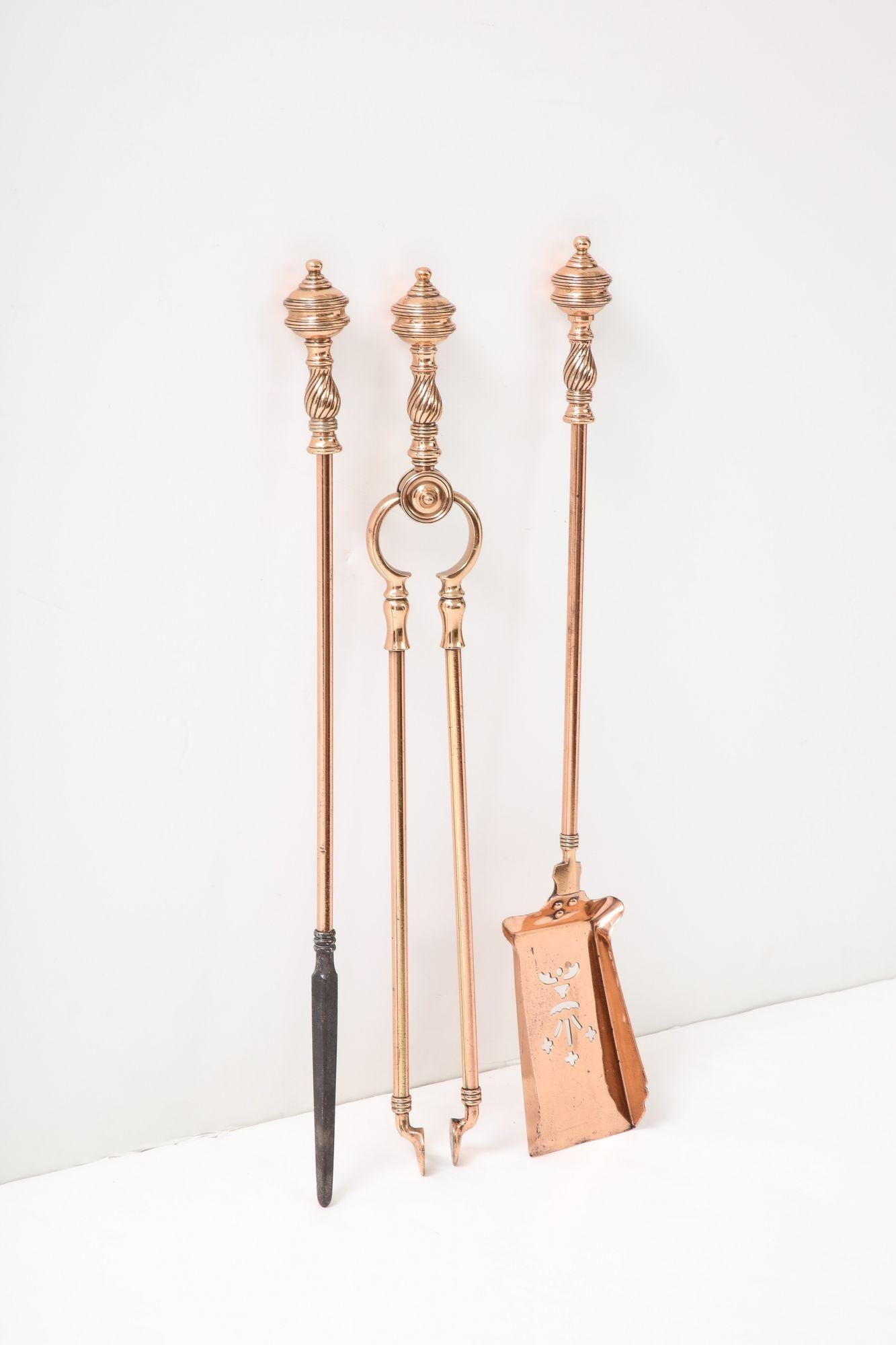 English Set of Three Copper Fire Tools For Sale