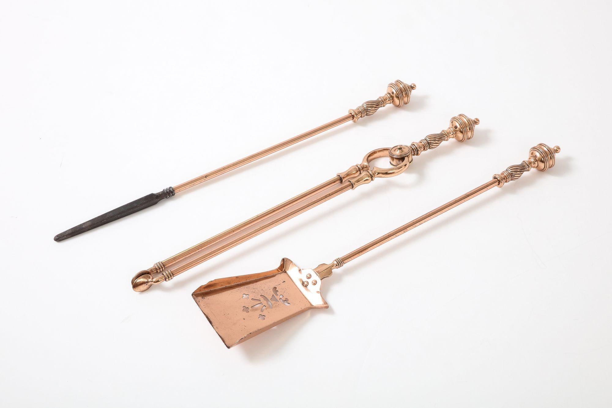 Set of Three Copper Fire Tools In Good Condition For Sale In Greenwich, CT