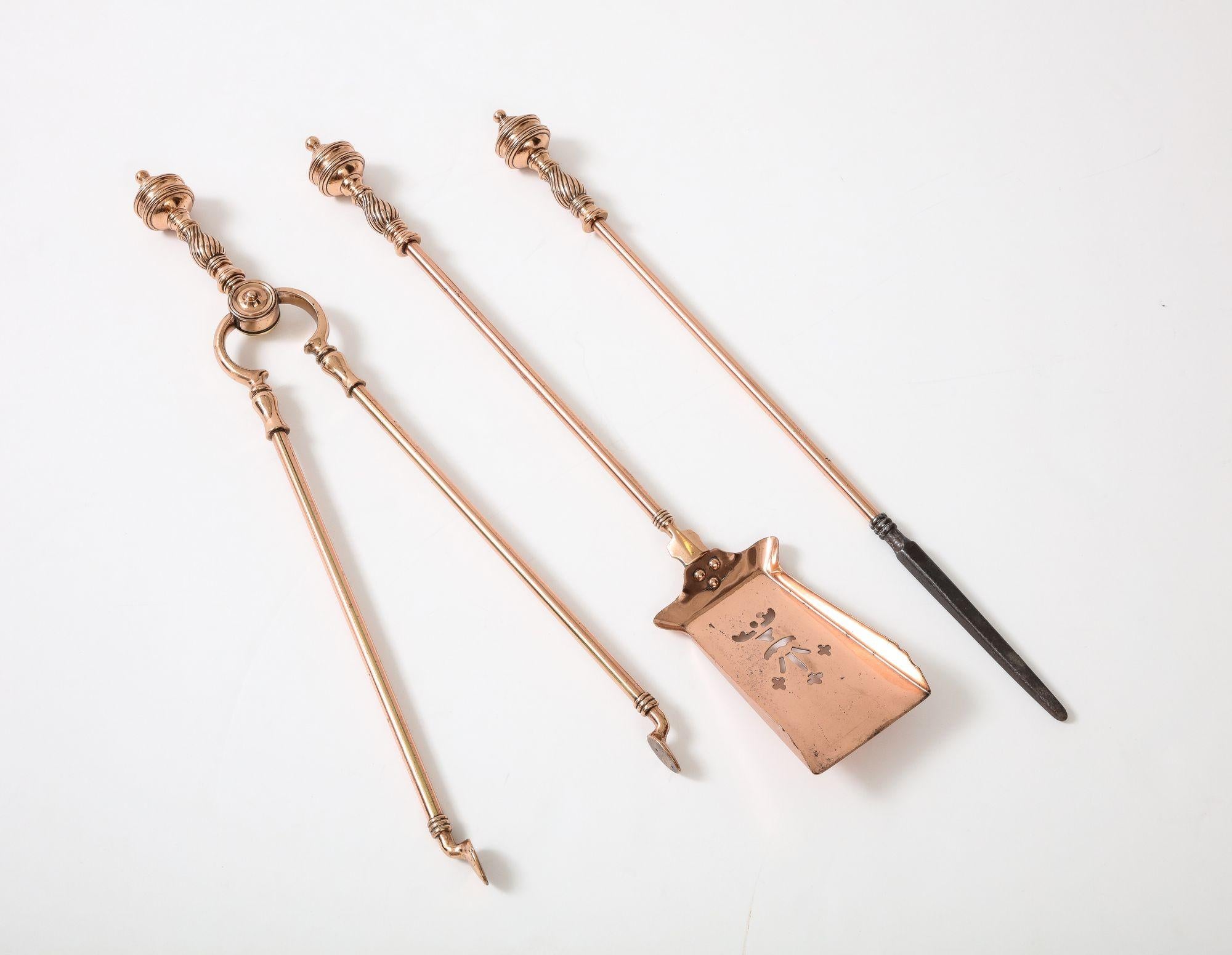 Brass Set of Three Copper Fire Tools For Sale