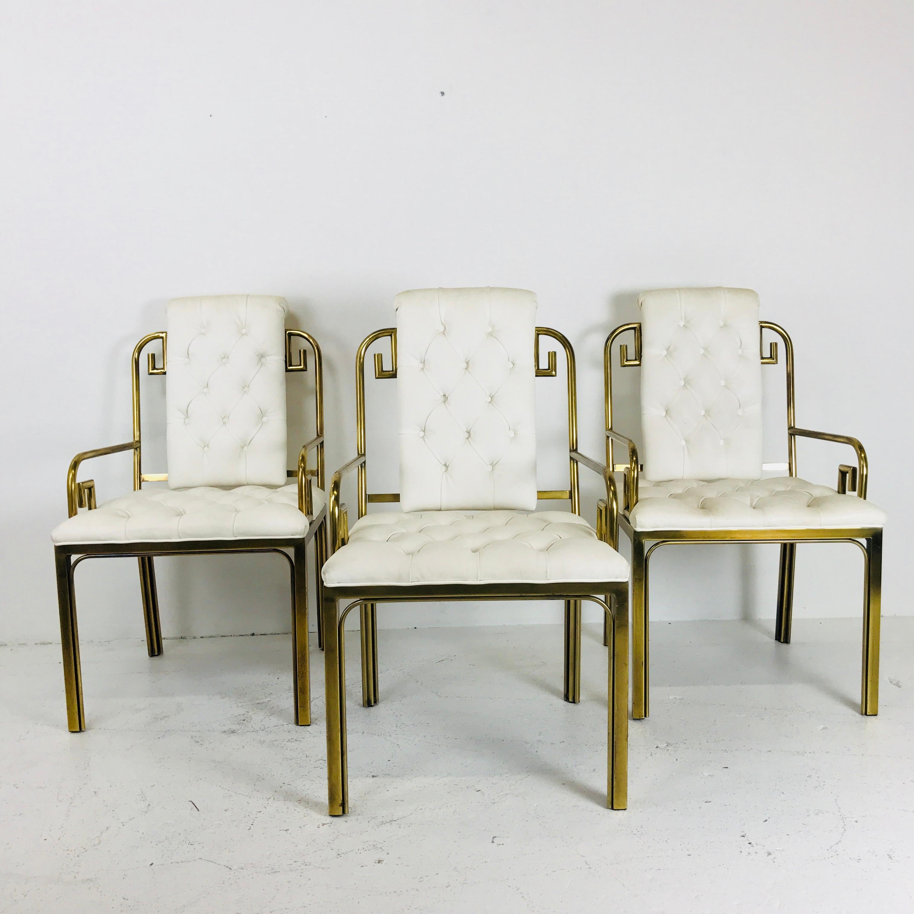 Set of three brass Greek key chairs by Mastercraft. Chairs are in good vintage condition but recommend refinishing brass plating and new upholstery.

Dimensions:
20.5