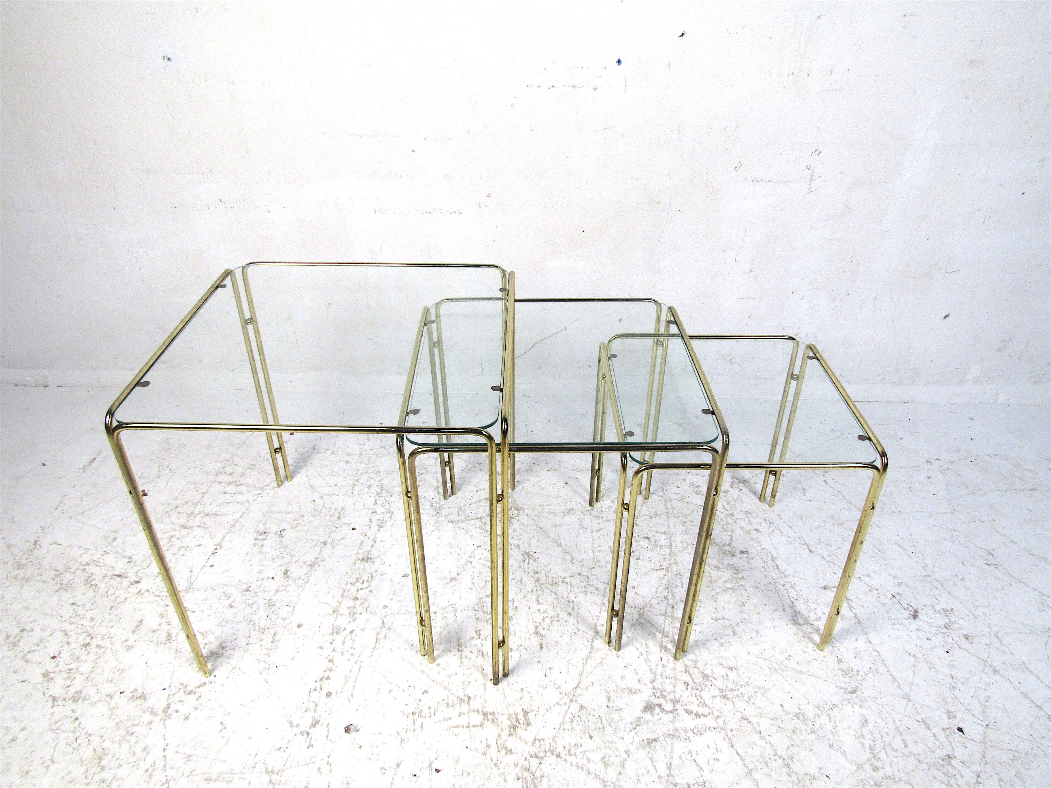Mid-Century Modern Set of Three Brass Nesting Tables For Sale