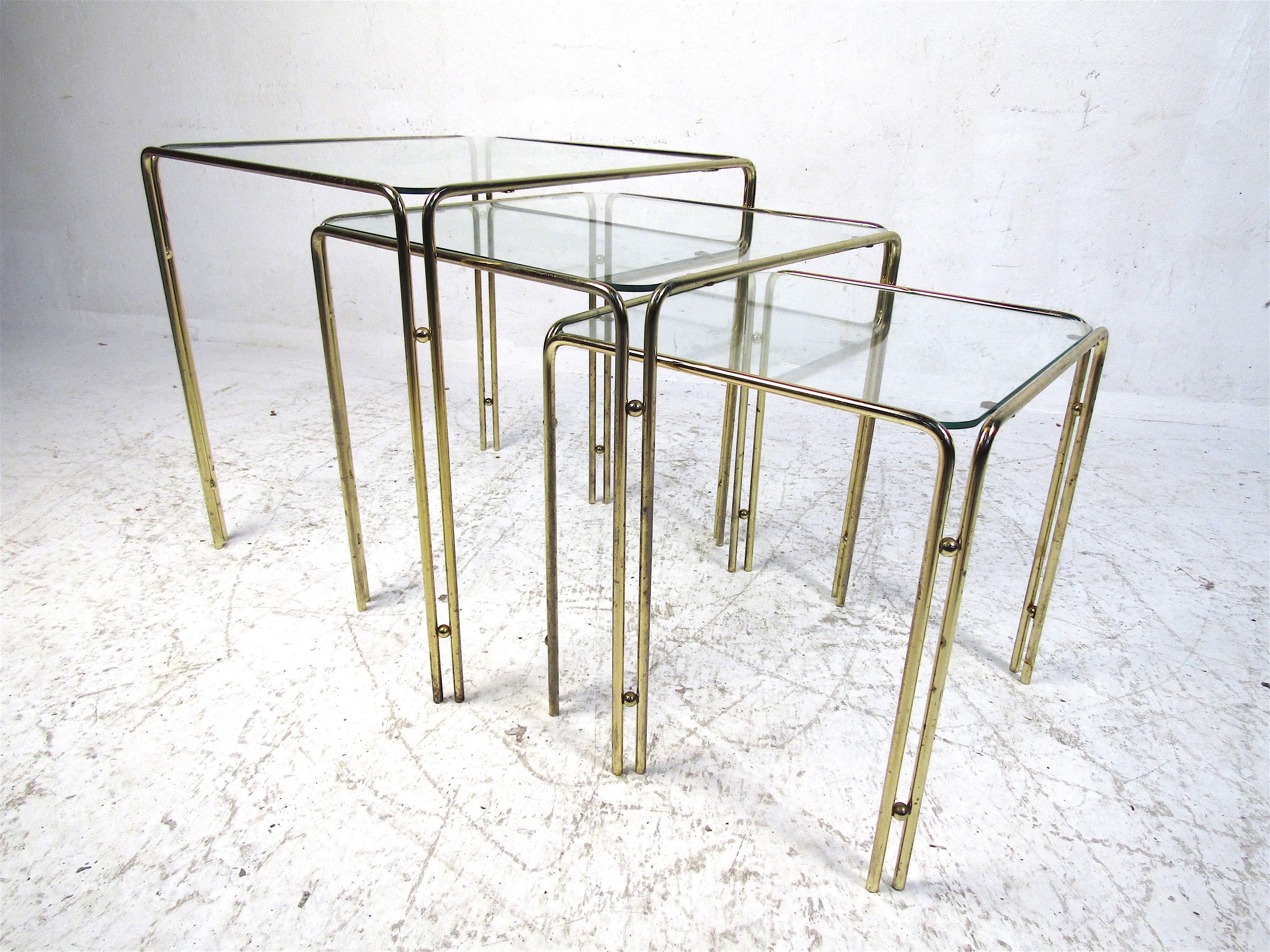 20th Century Set of Three Brass Nesting Tables For Sale