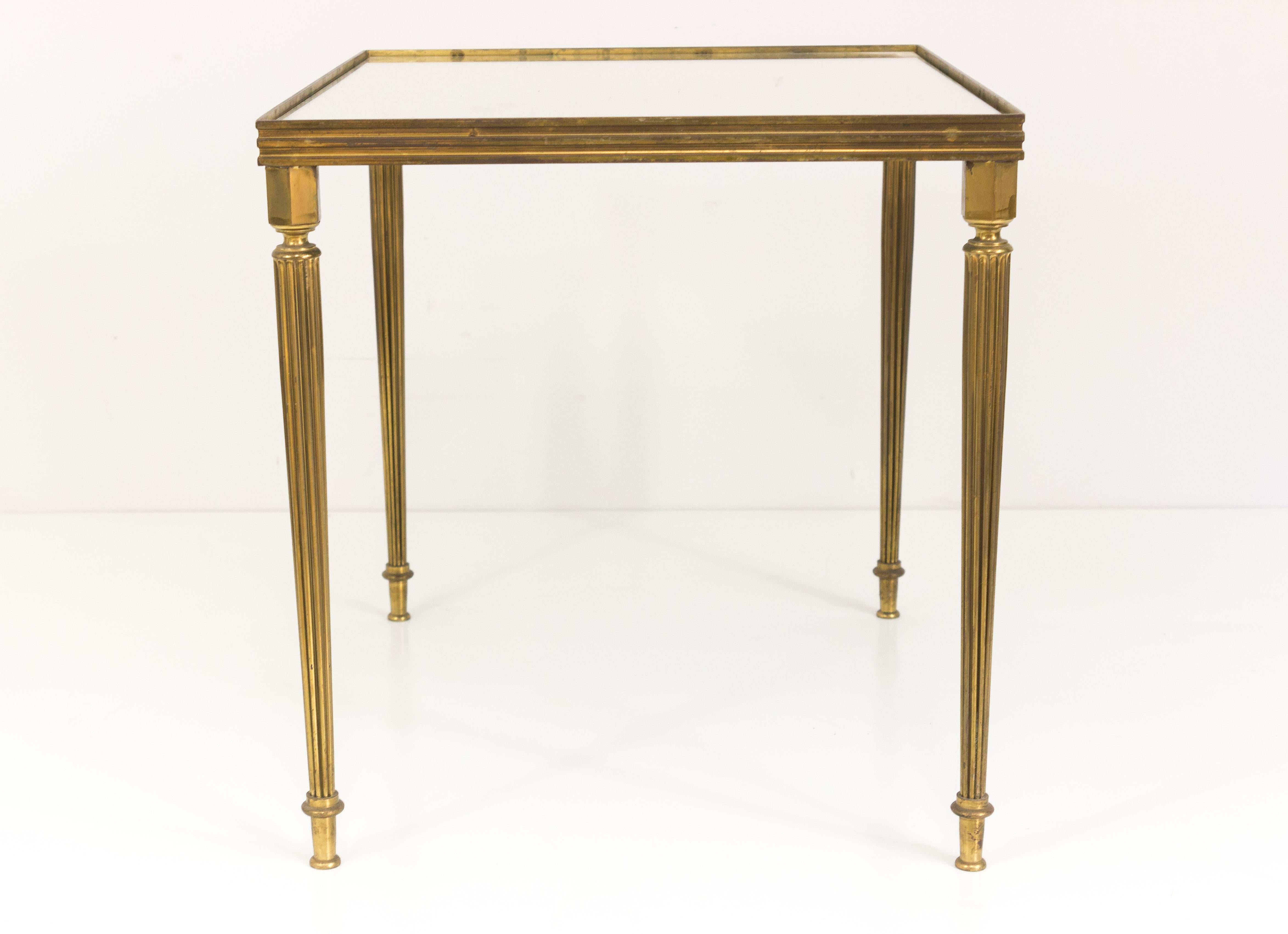 French Set of Three Brass Nesting Tables with Mirror Top