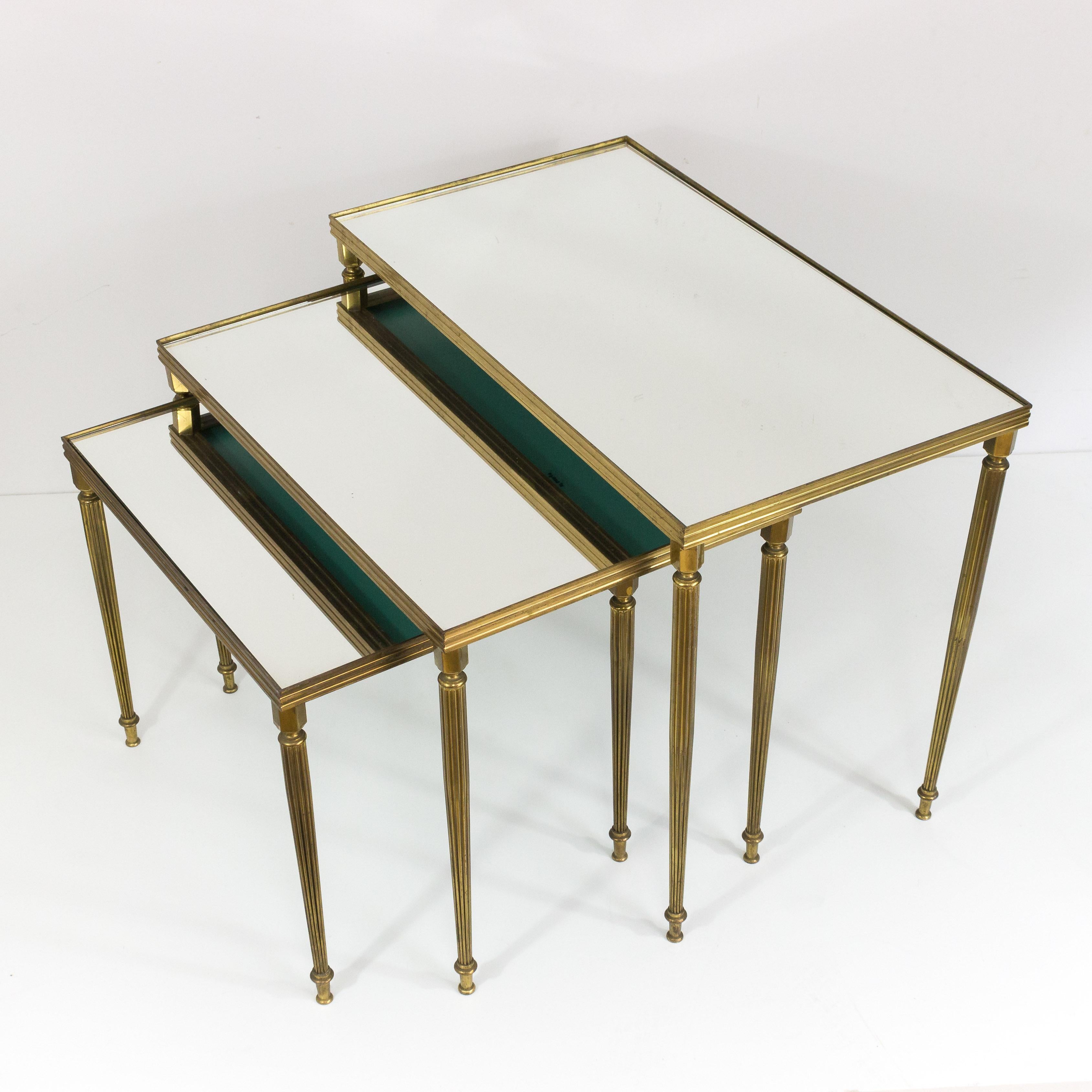 Mid-20th Century Set of Three Brass Nesting Tables with Mirror Top