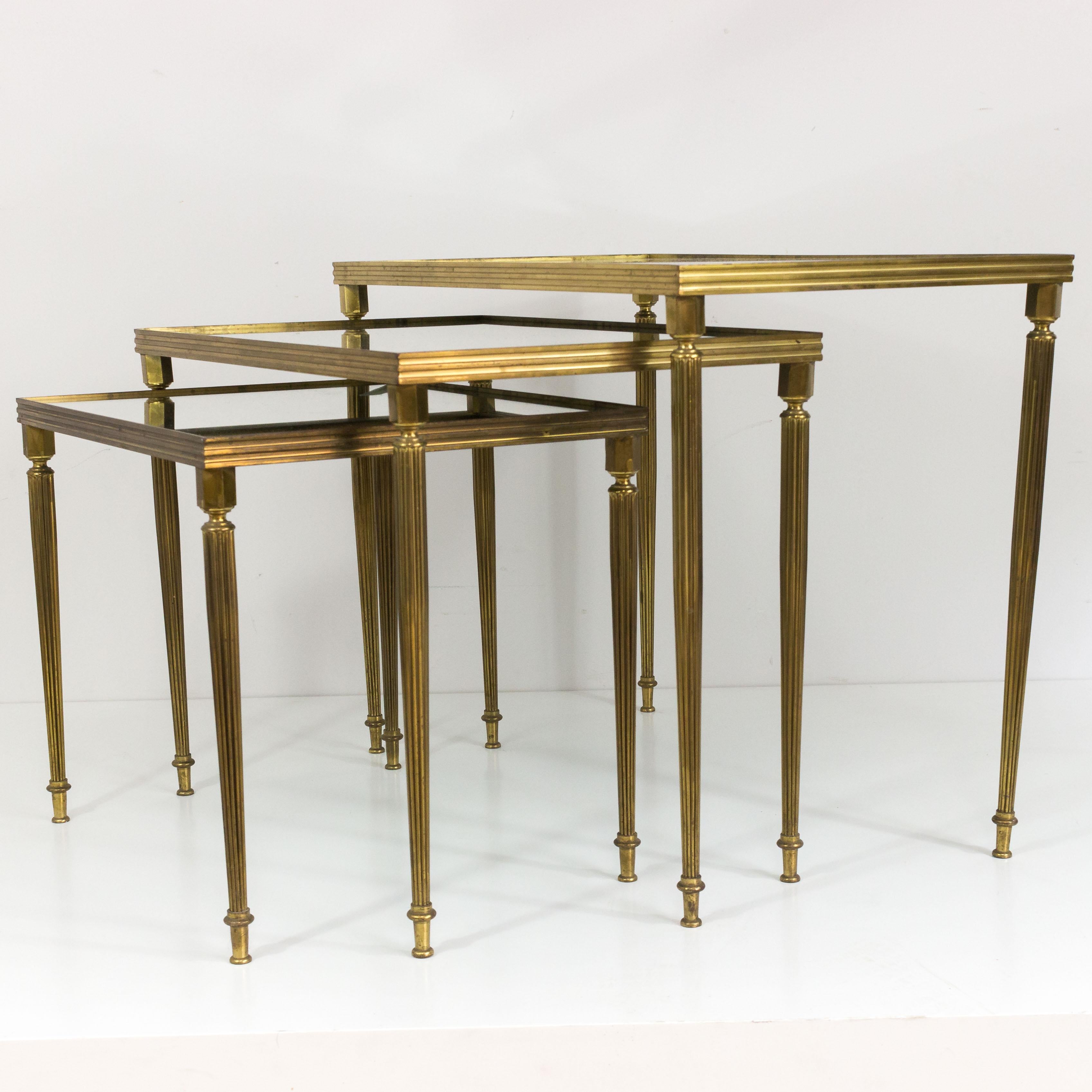 Set of Three Brass Nesting Tables with Mirror Top 1