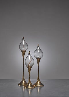 Set of Three Brass Oil Lamps or Candle Holders, Denmark