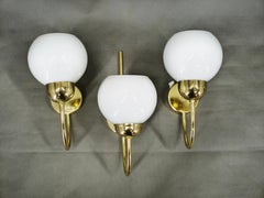 Set of Three Brass Opaline Glass Wall Lights by Kamenický Šenov, 1970s