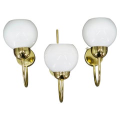 Set of Three Brass Opaline Glass Wall Lights by Kamenický Šenov, 1970s