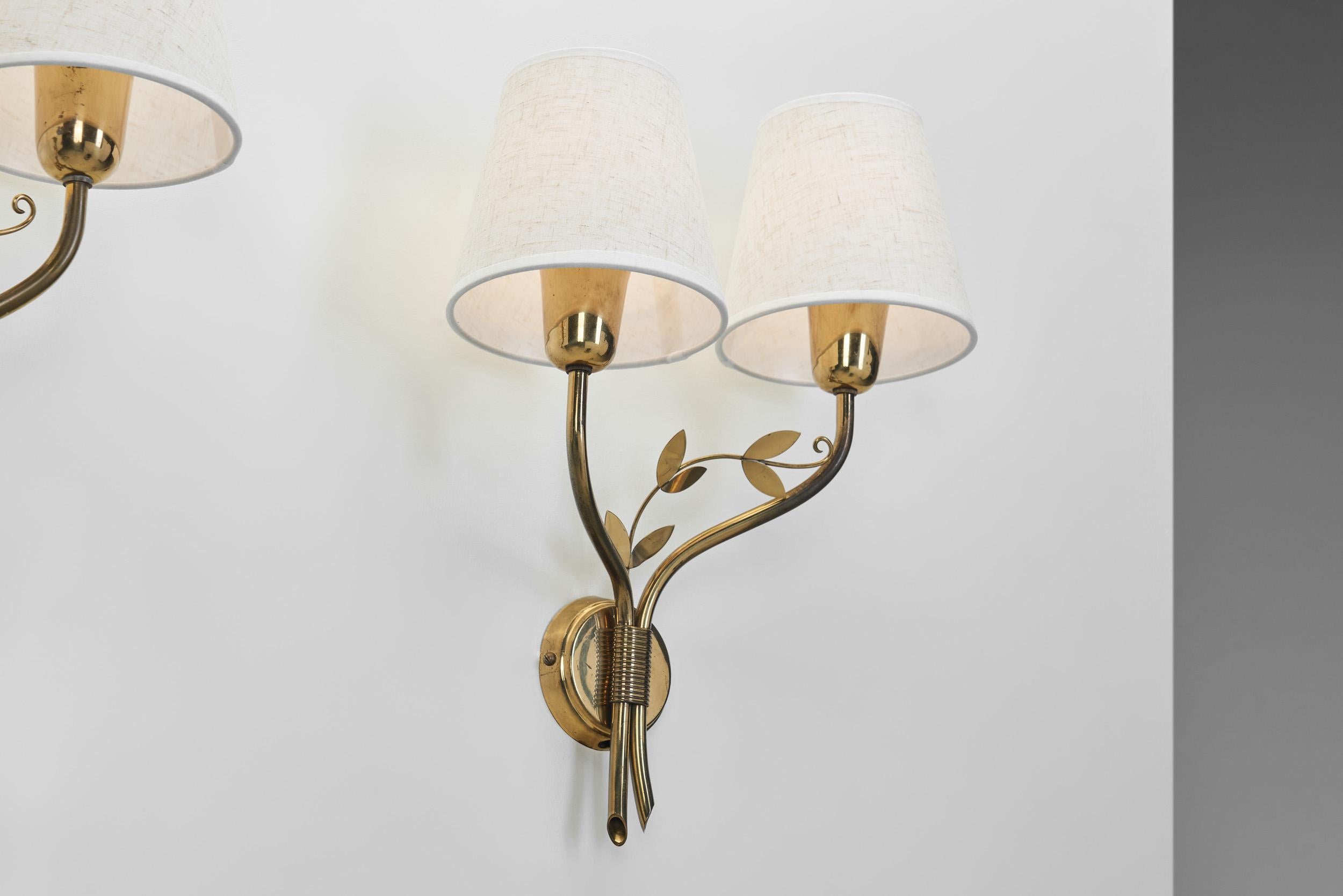 Set of Three Brass Wall Lamps with Decorative Leaves for K&H, Norway circa 1940s 6