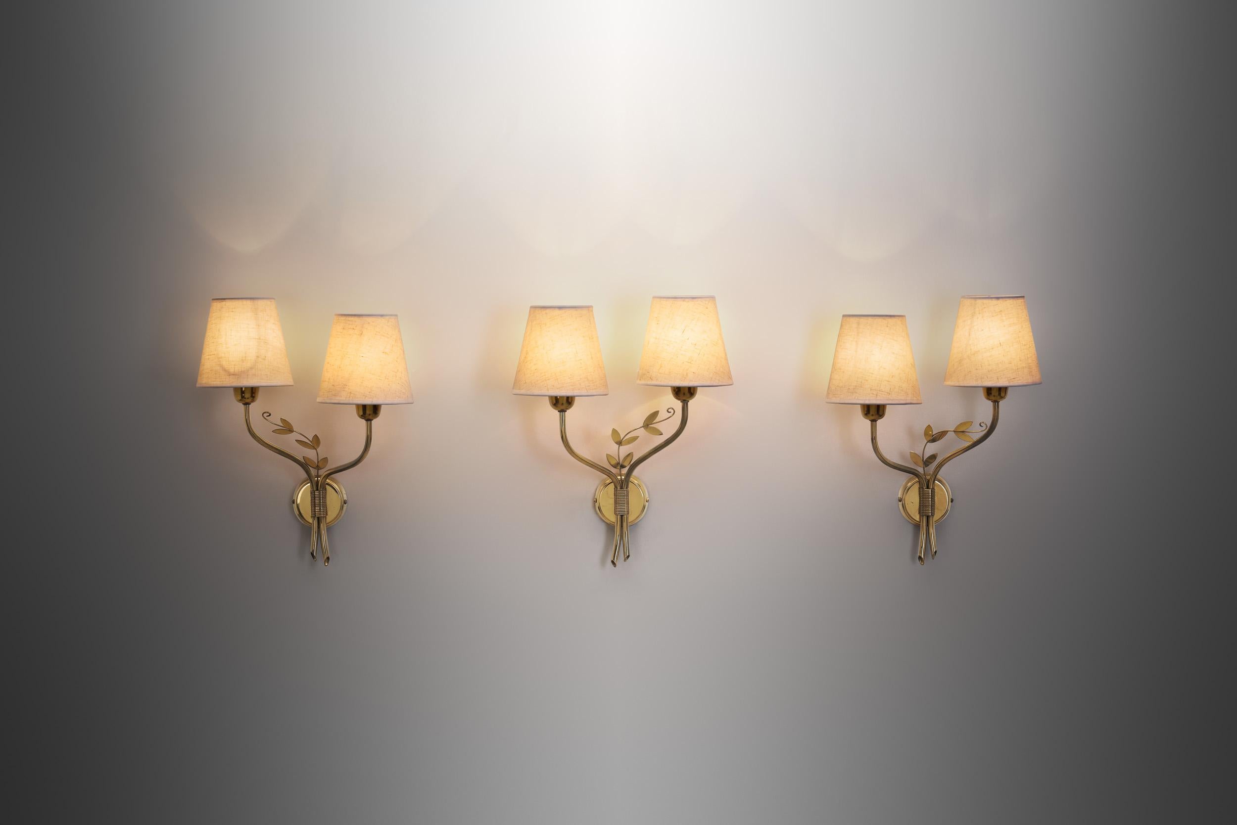 Norwegian Set of Three Brass Wall Lamps with Decorative Leaves for K&H, Norway circa 1940s