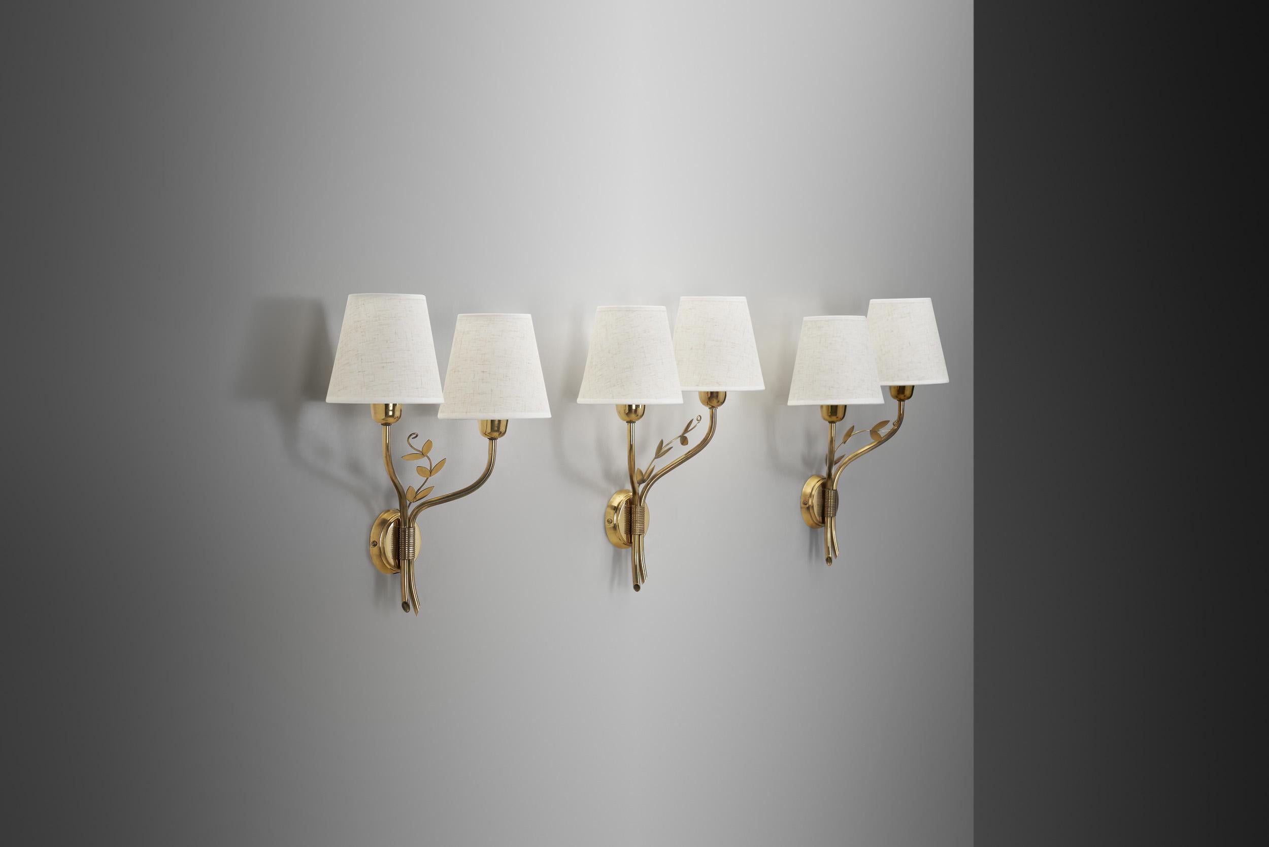 Set of Three Brass Wall Lamps with Decorative Leaves for K&H, Norway circa 1940s 1