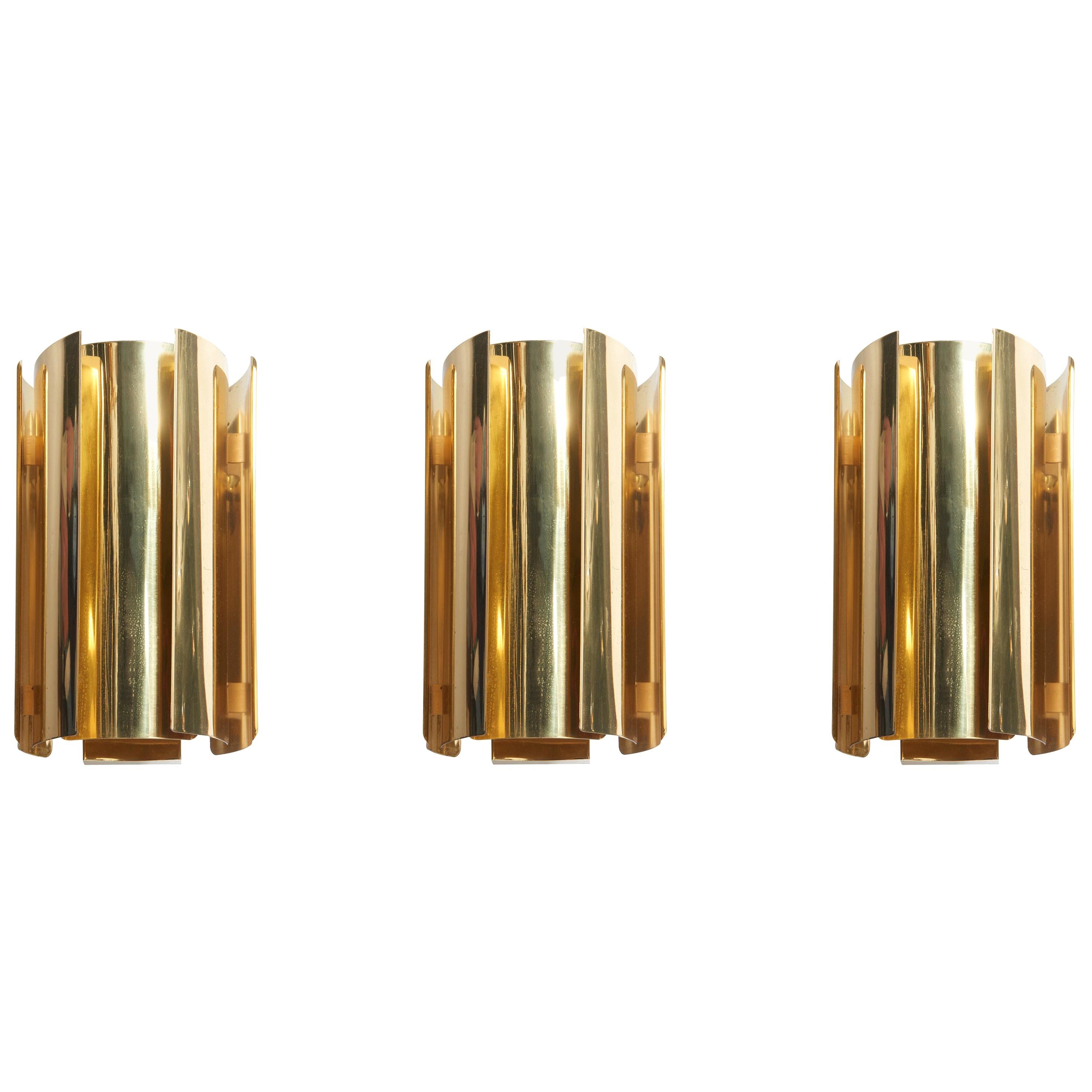 Set of Three Brass Wall Sconces by Falkenbergs Belysning