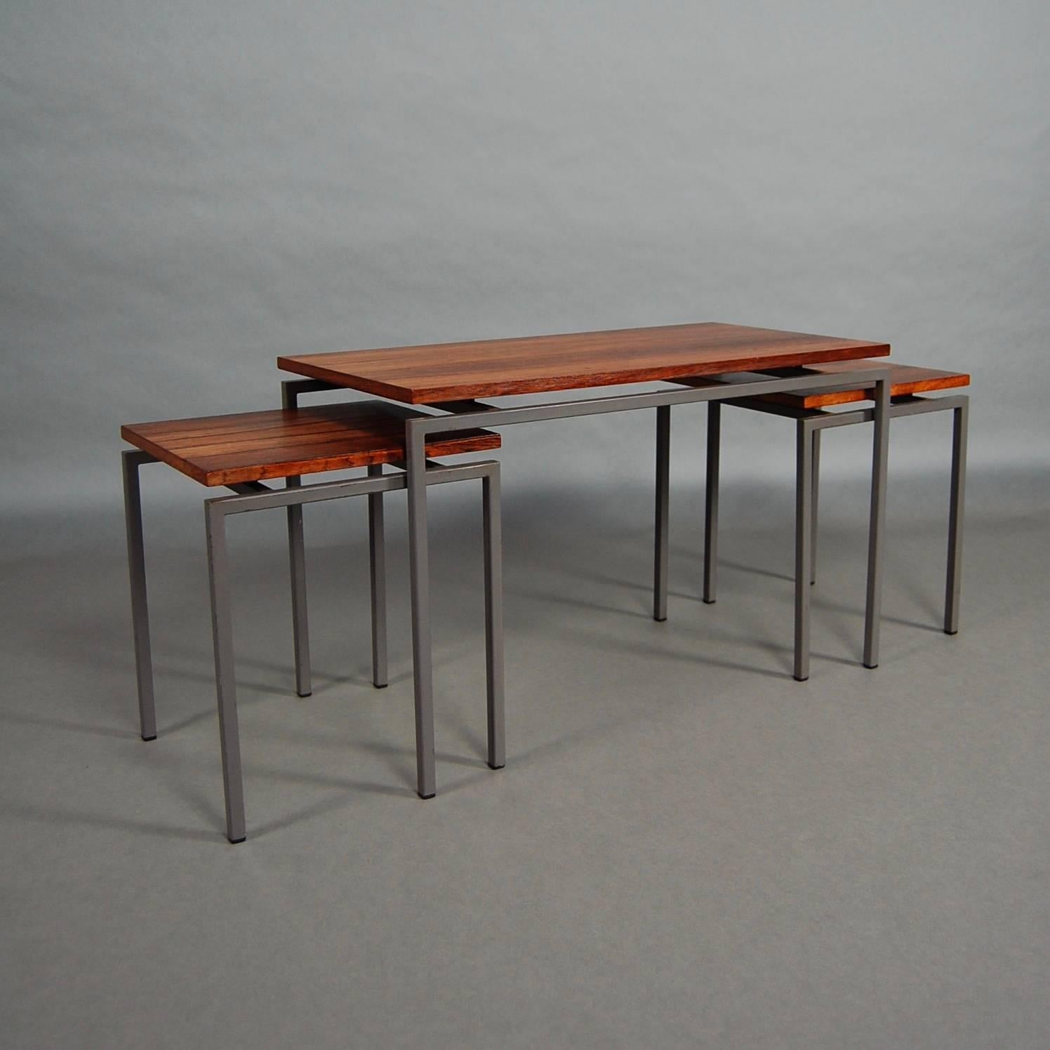 Gorgeous and rare set of three nesting tables in Italian walnut.

Designer: Attributed Pastoe

Manufacturer: Attributed Cees Braakman

Country: Netherlands

Model: Nesting tables

Designed in: 1950s-1960s

Date of manufacturing: 1950s-1960s

Size W