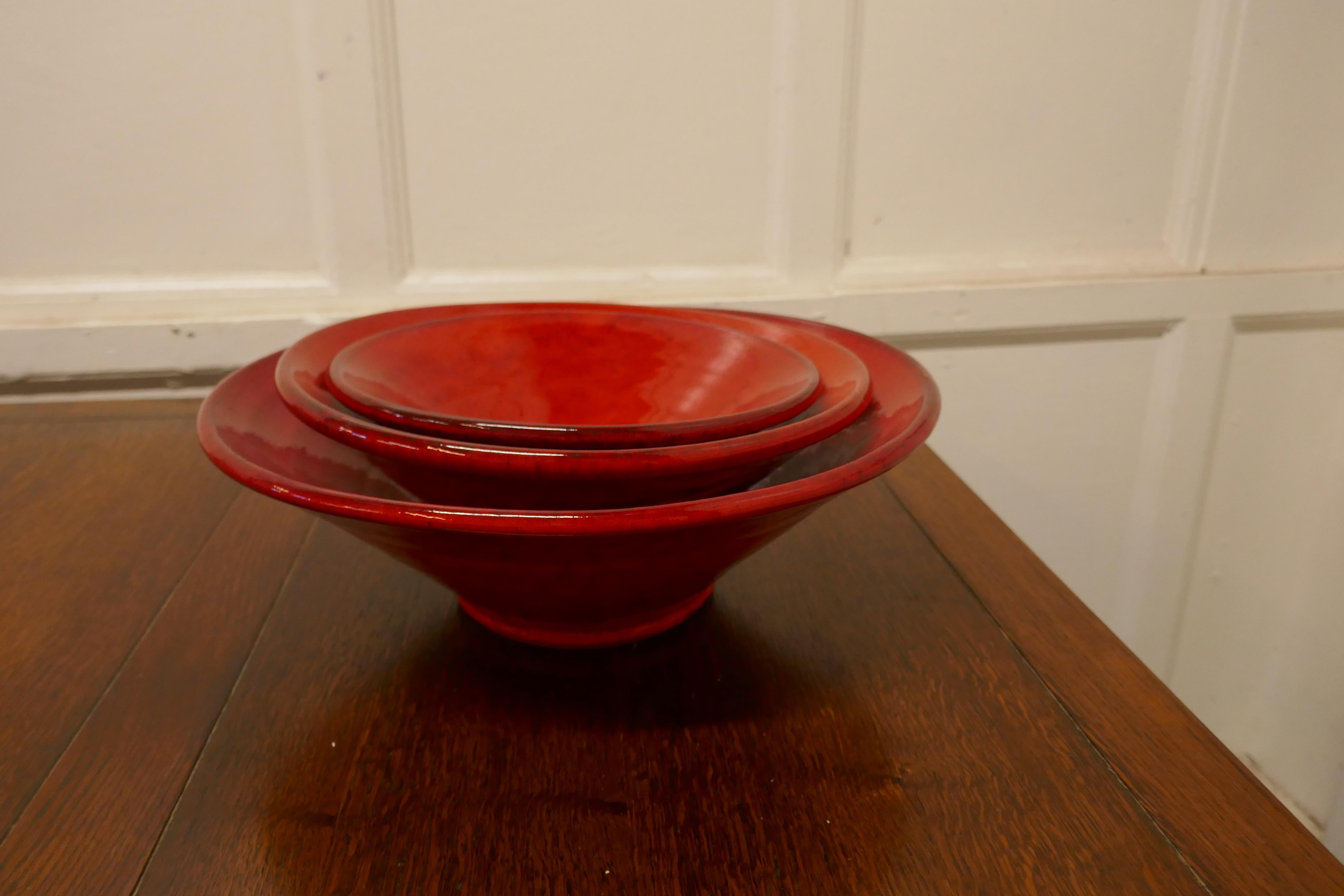 20th Century Set of Three Bright Red Terracotta Dutch Bowls For Sale