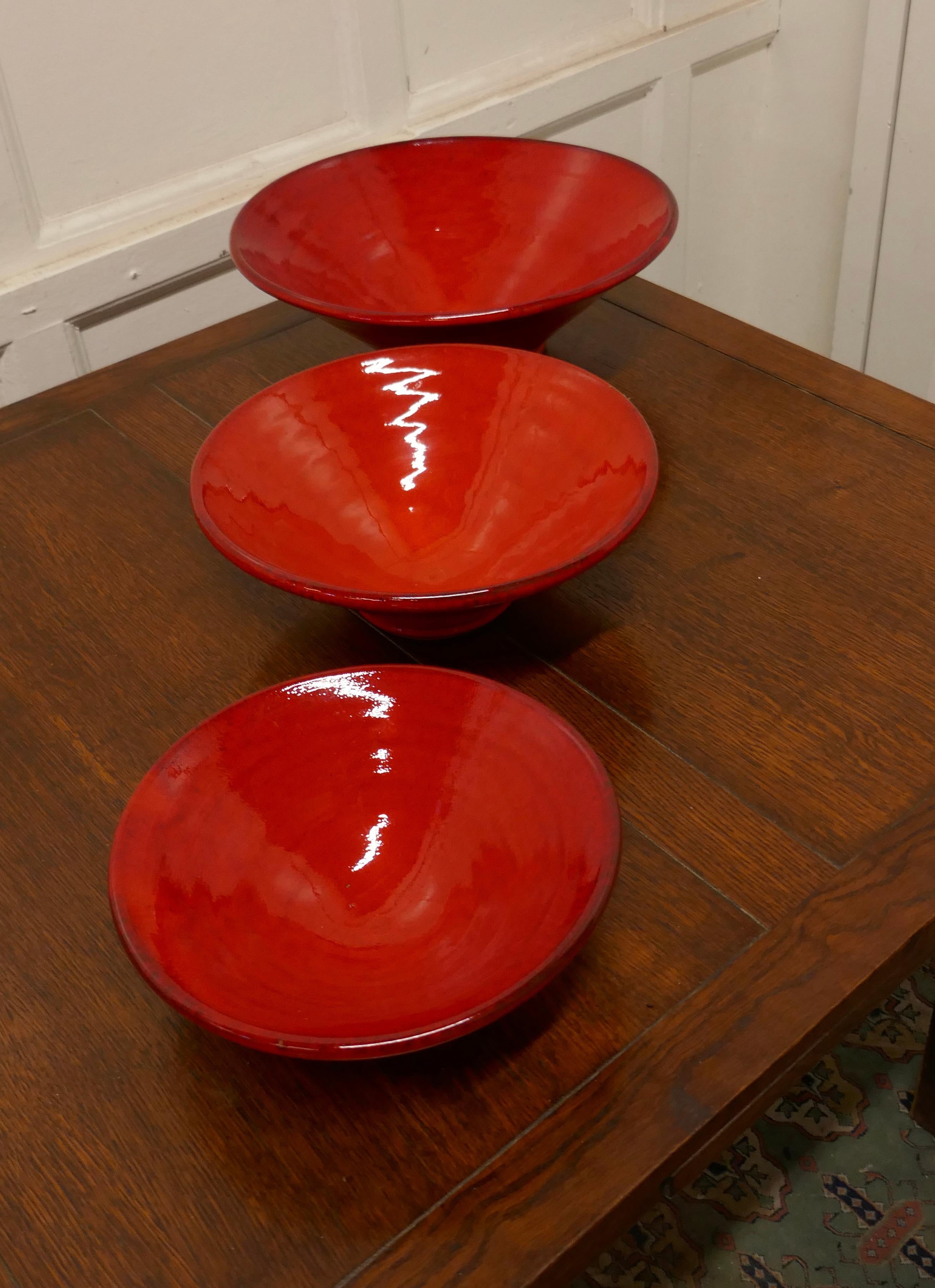 Set of Three Bright Red Terracotta Dutch Bowls For Sale 1