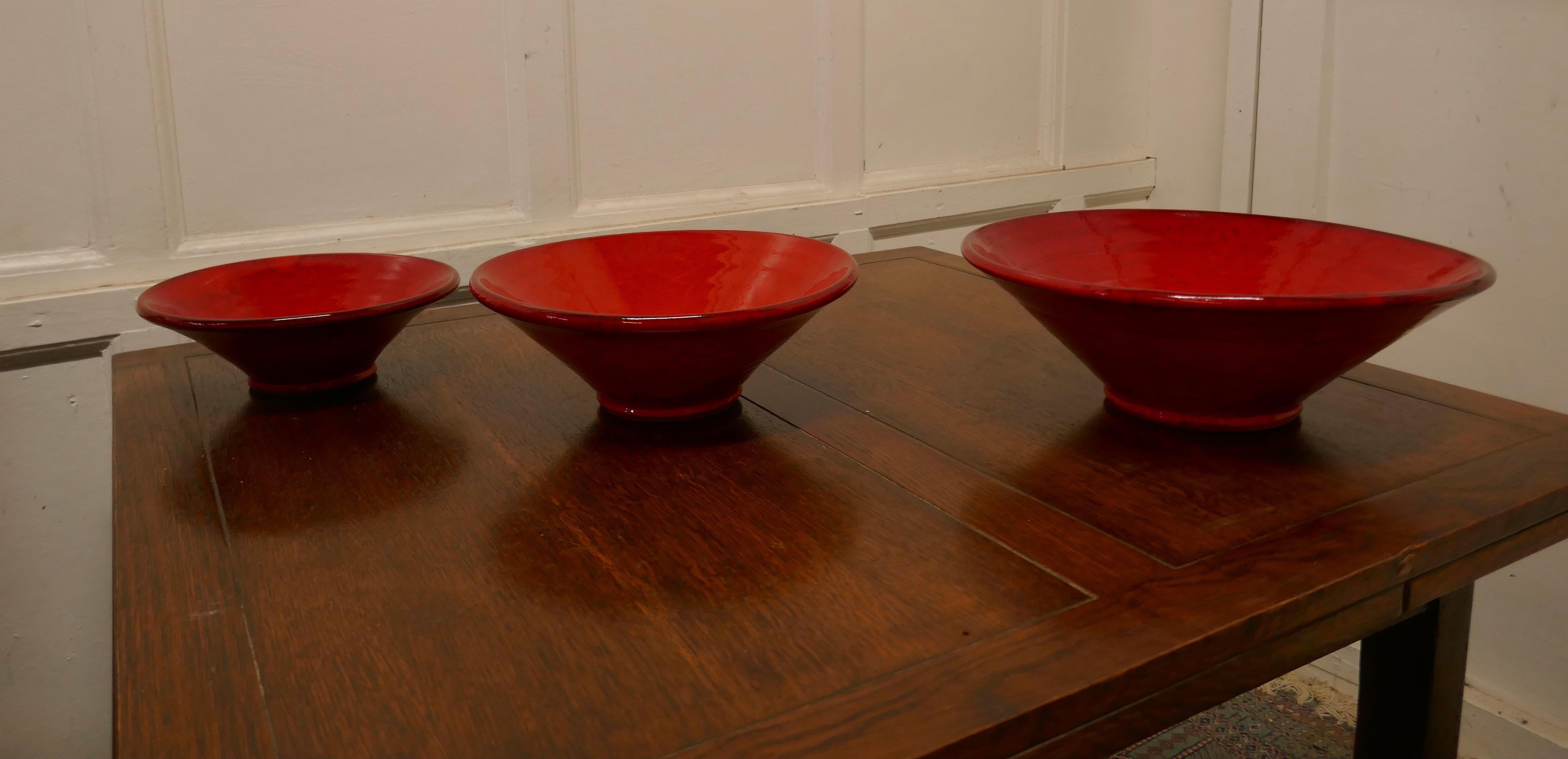 Set of Three Bright Red Terracotta Dutch Bowls For Sale 2