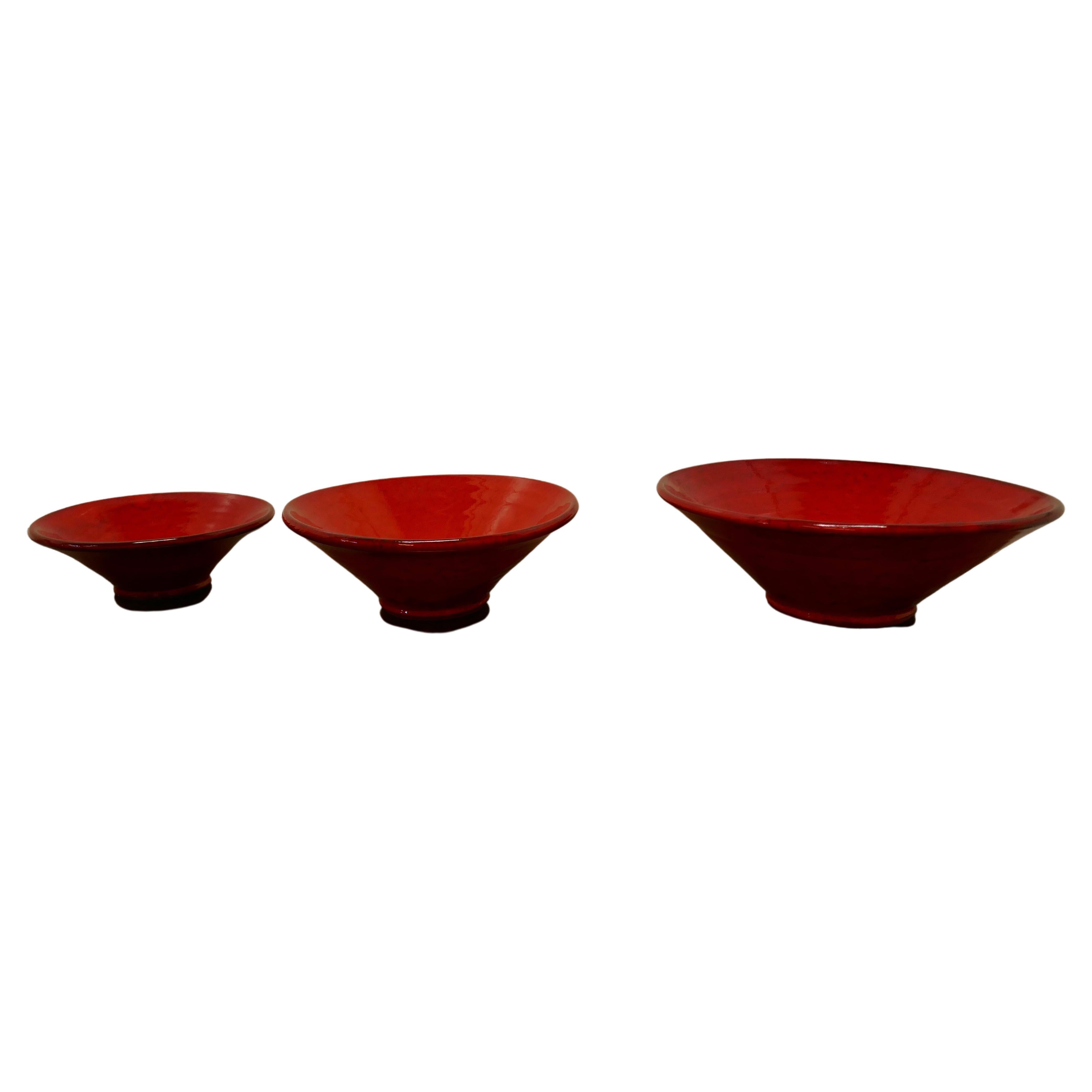 Set of Three Bright Red Terracotta Dutch Bowls For Sale