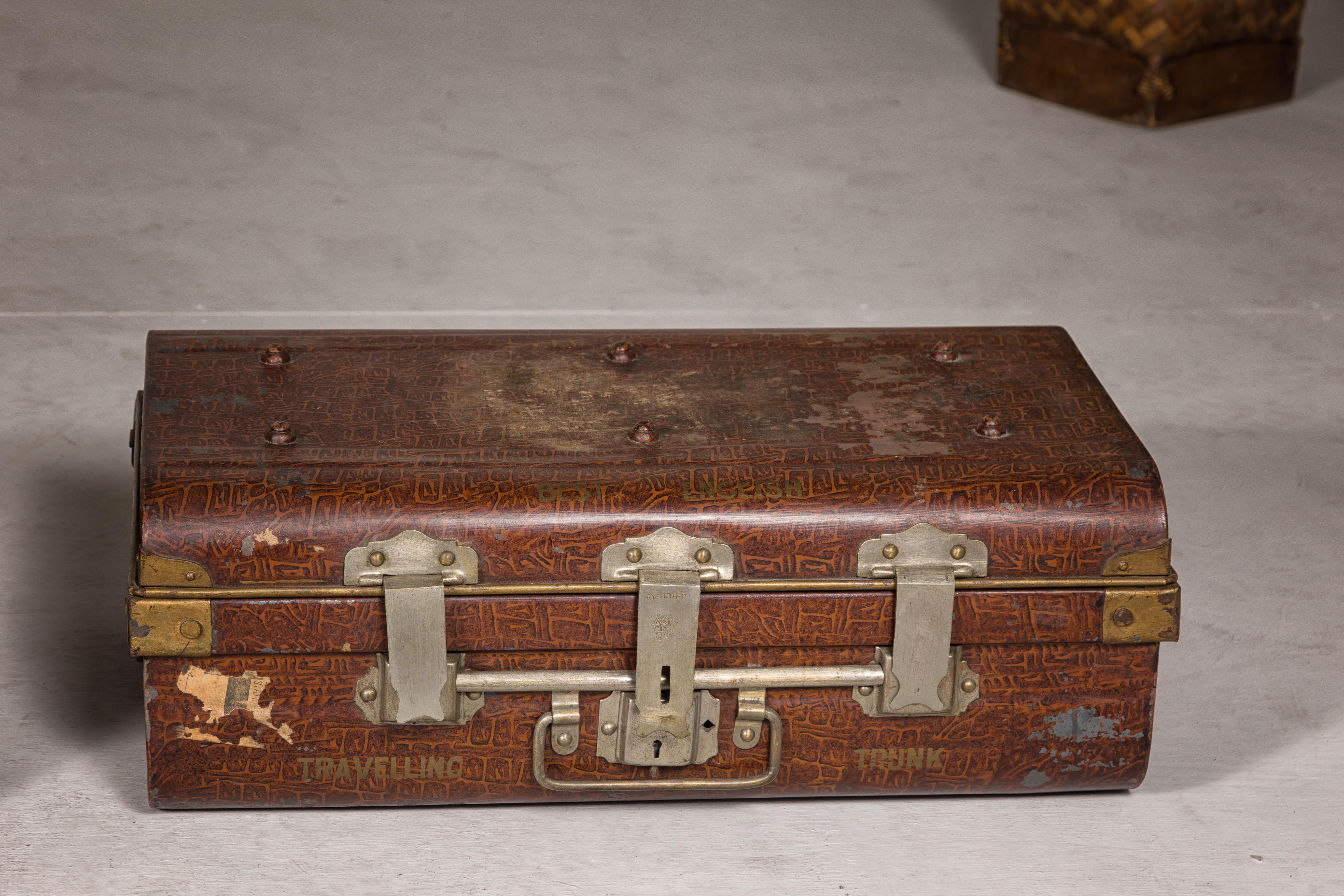 Set of Three British 1920s Metal Traveling Trunks for Export with Brass Hardware For Sale 5
