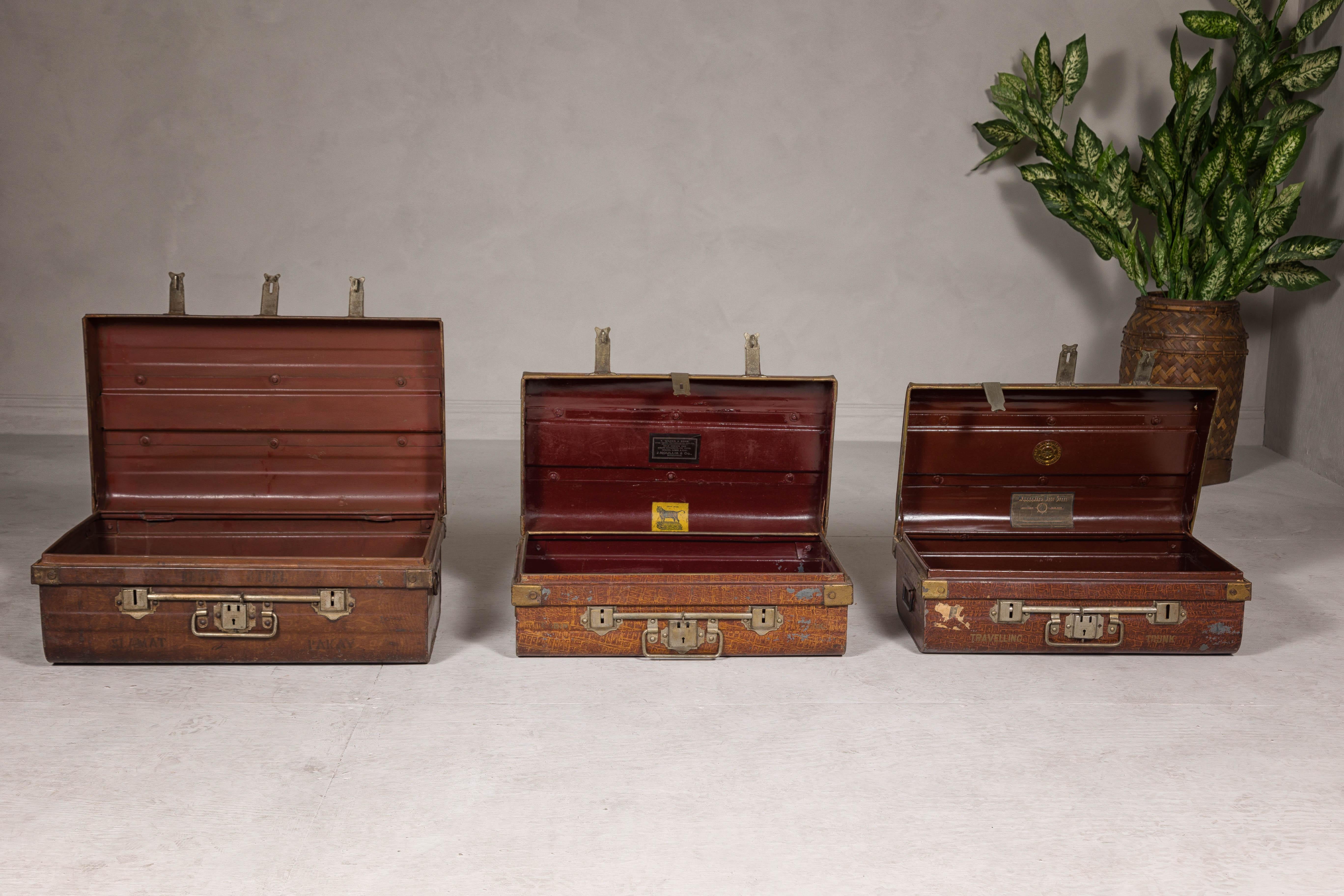 Set of Three British 1920s Metal Traveling Trunks for Export with Brass Hardware For Sale 6