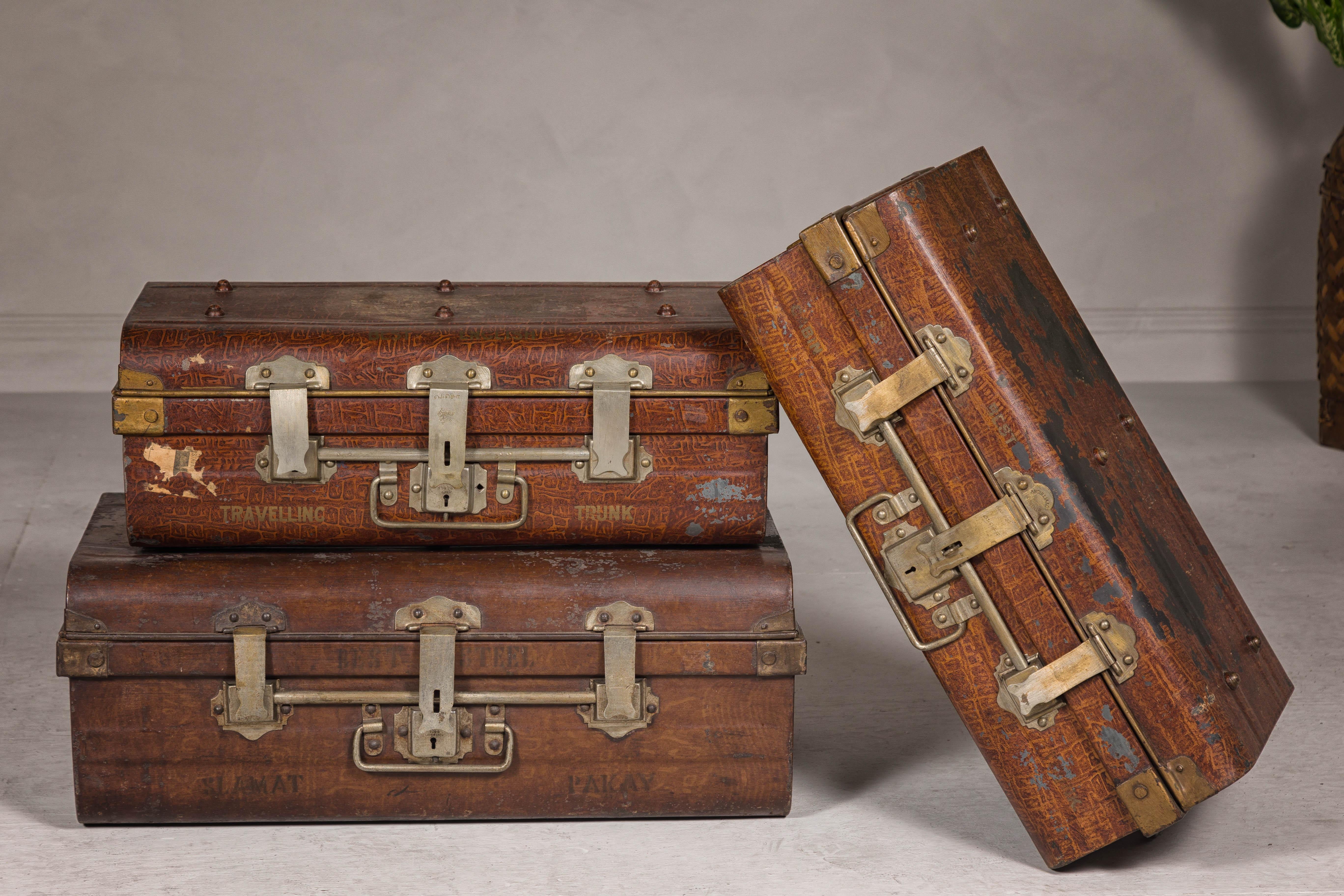 Set of Three British 1920s Metal Traveling Trunks for Export with Brass Hardware For Sale 11