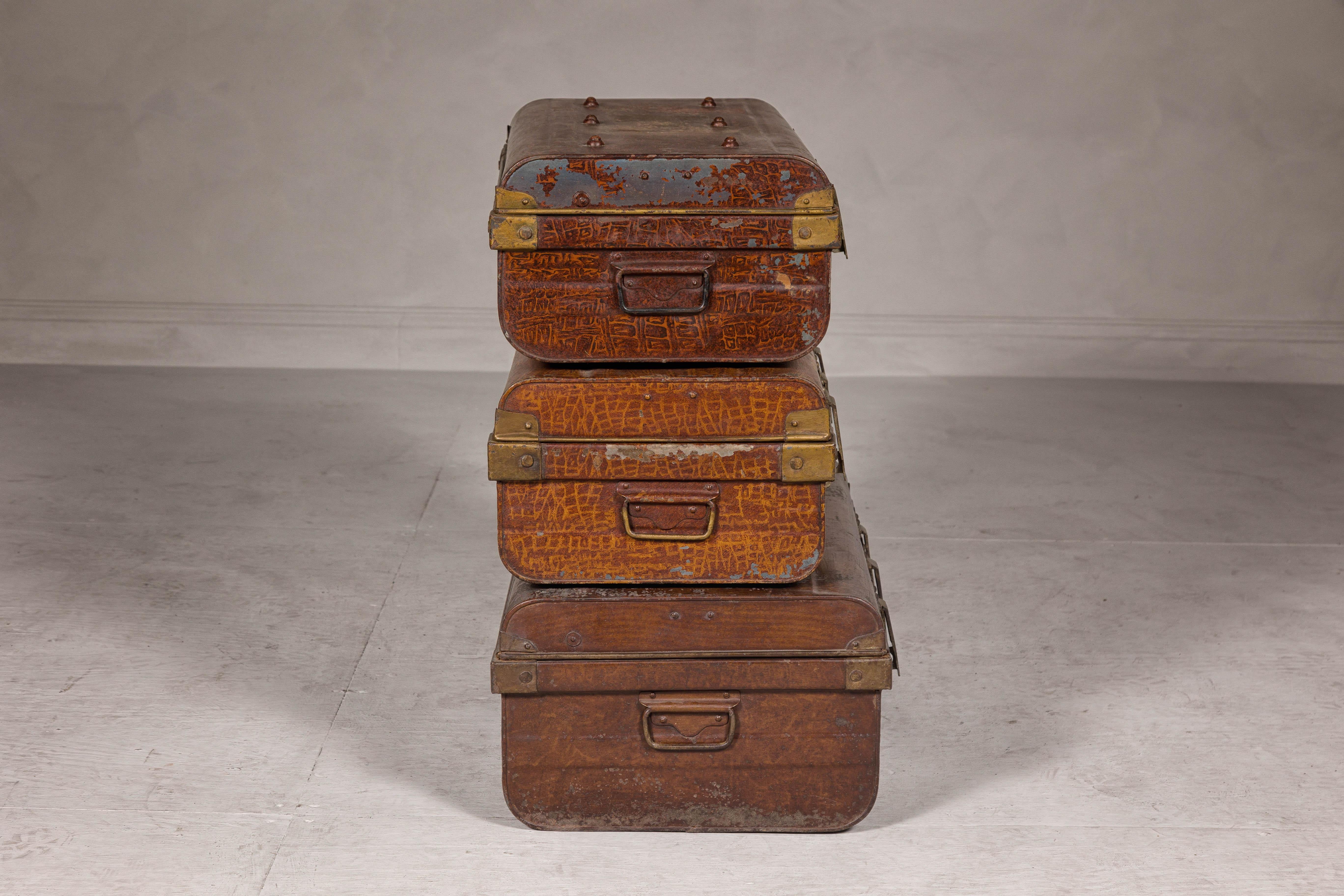 Set of Three British 1920s Metal Traveling Trunks for Export with Brass Hardware For Sale 12