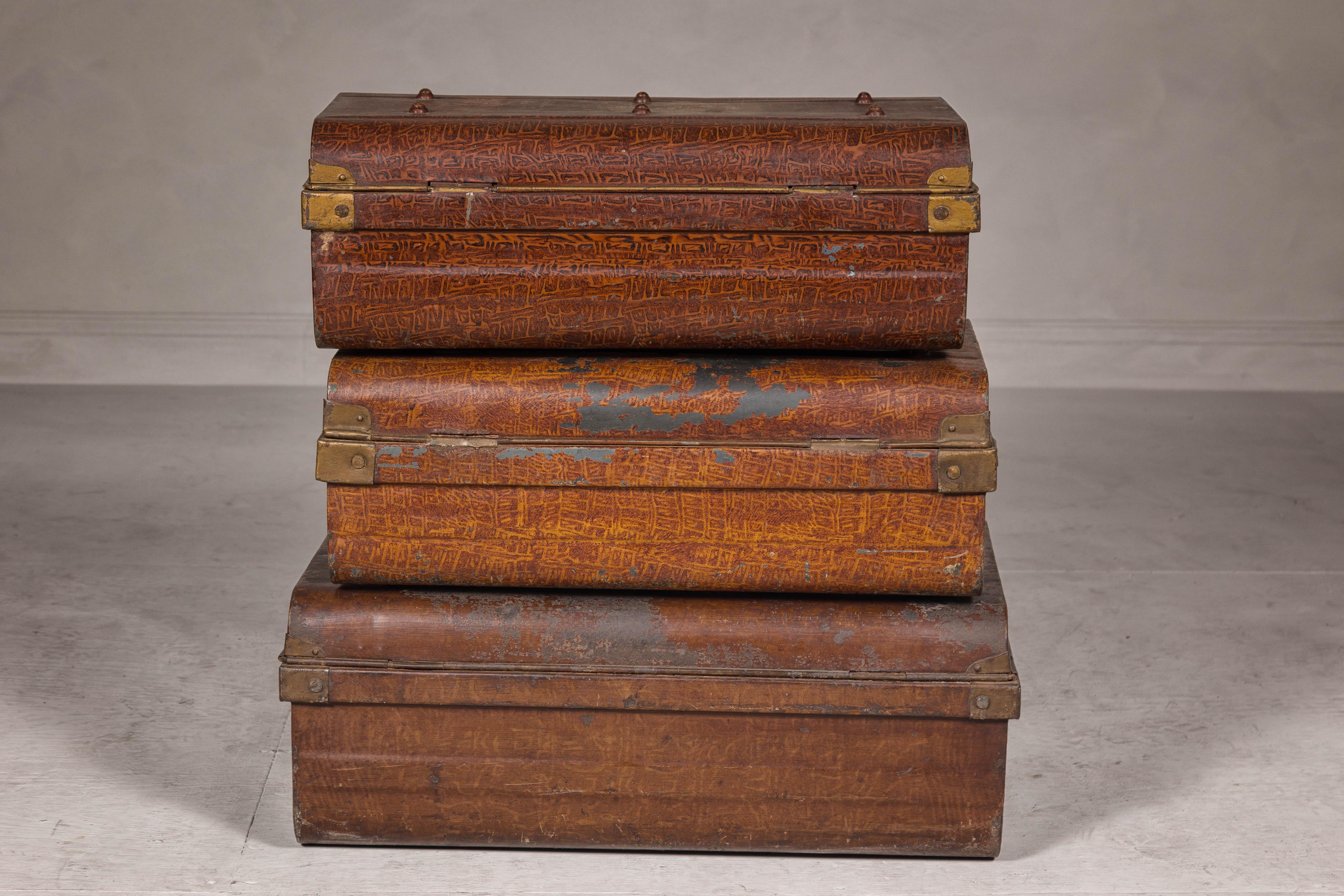 Set of Three British 1920s Metal Traveling Trunks for Export with Brass Hardware For Sale 13