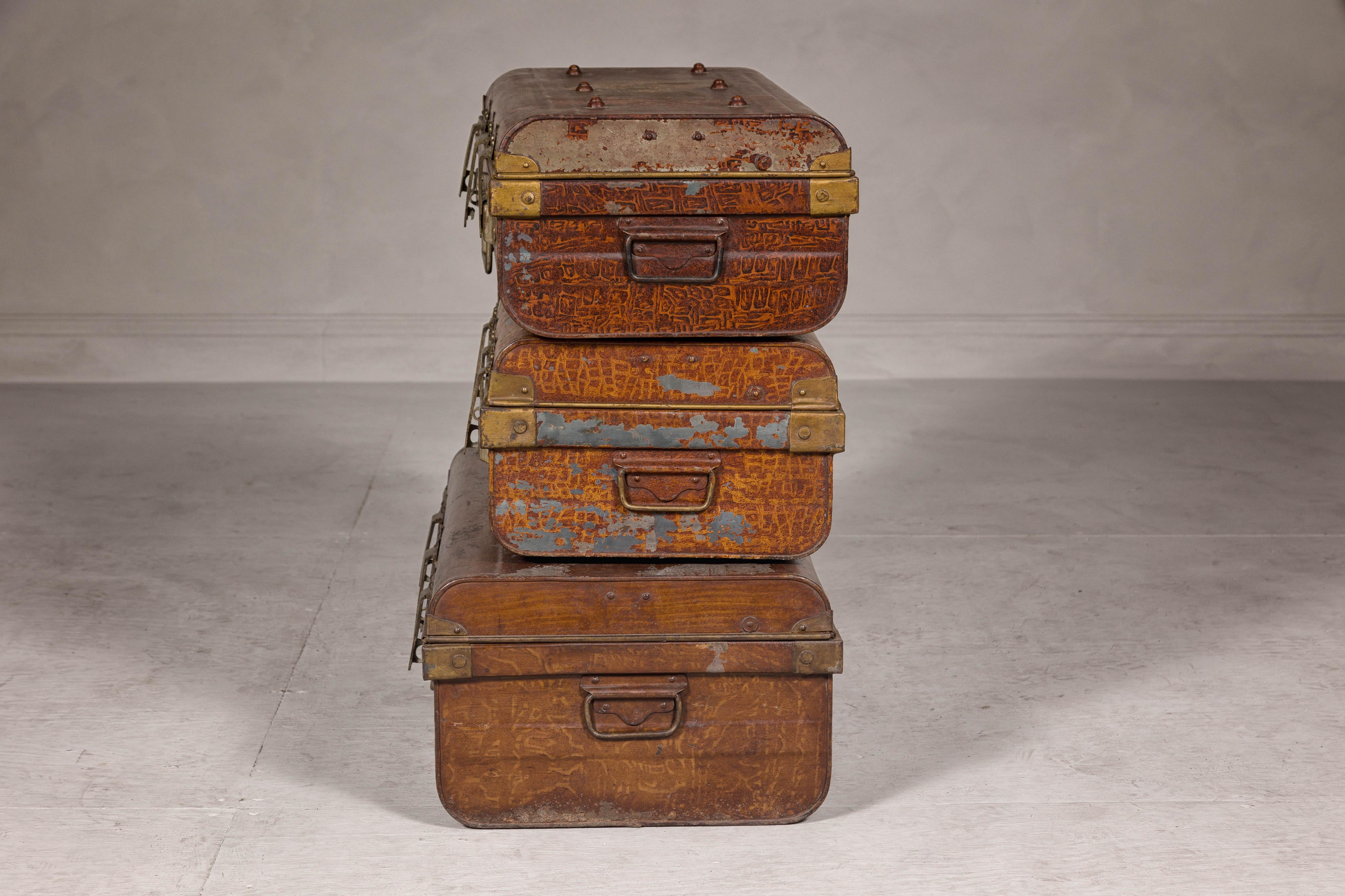 Set of Three British 1920s Metal Traveling Trunks for Export with Brass Hardware For Sale 14