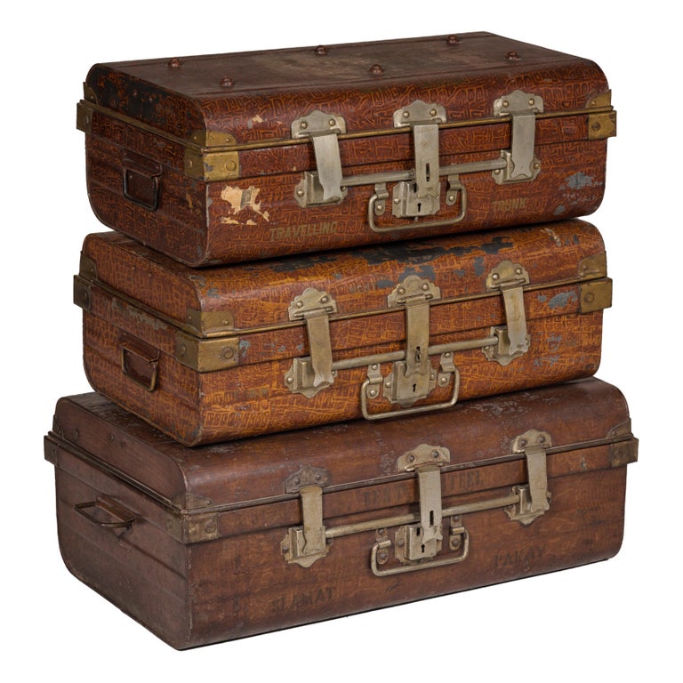 Set of Three British 1920s Metal Traveling Trunks for Export with