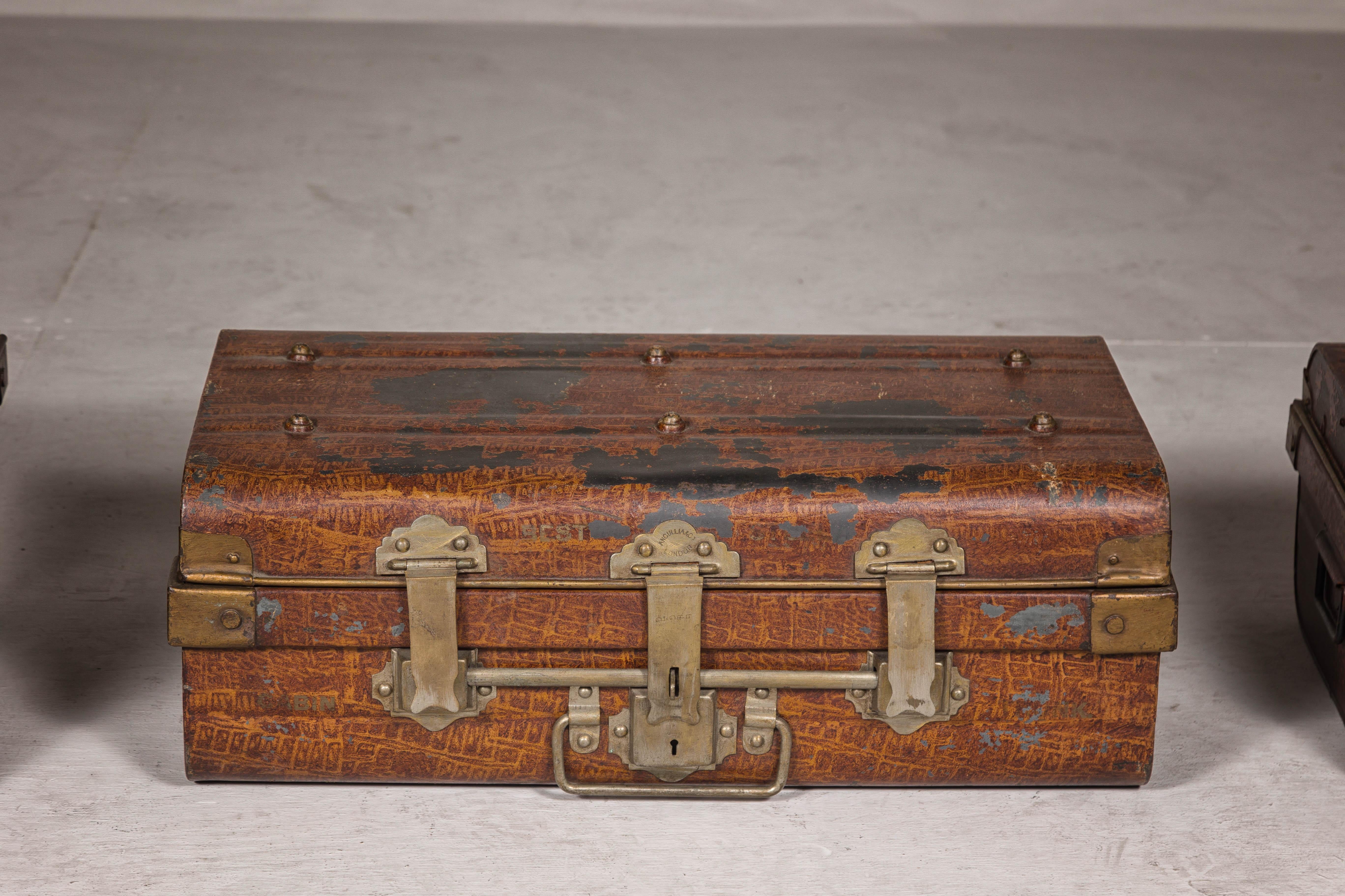 Set of Three British 1920s Metal Traveling Trunks for Export with Brass Hardware For Sale 4