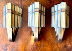 Set of Three Bronze and Opaline Glass Art Deco Sconces