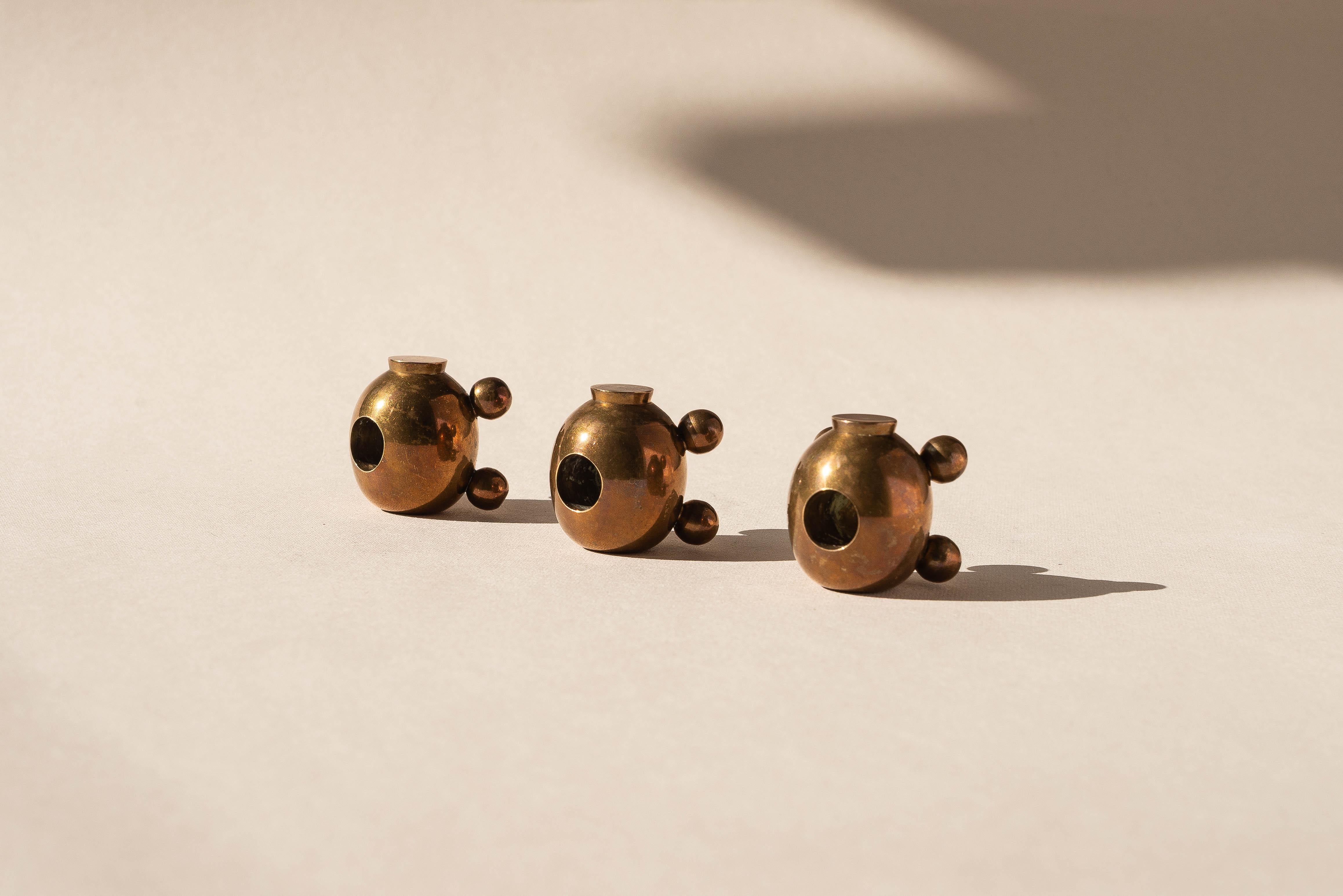 Brass Set of Three Bronze Candlesticks, Morells Gjuteri, Sweden 1970s For Sale