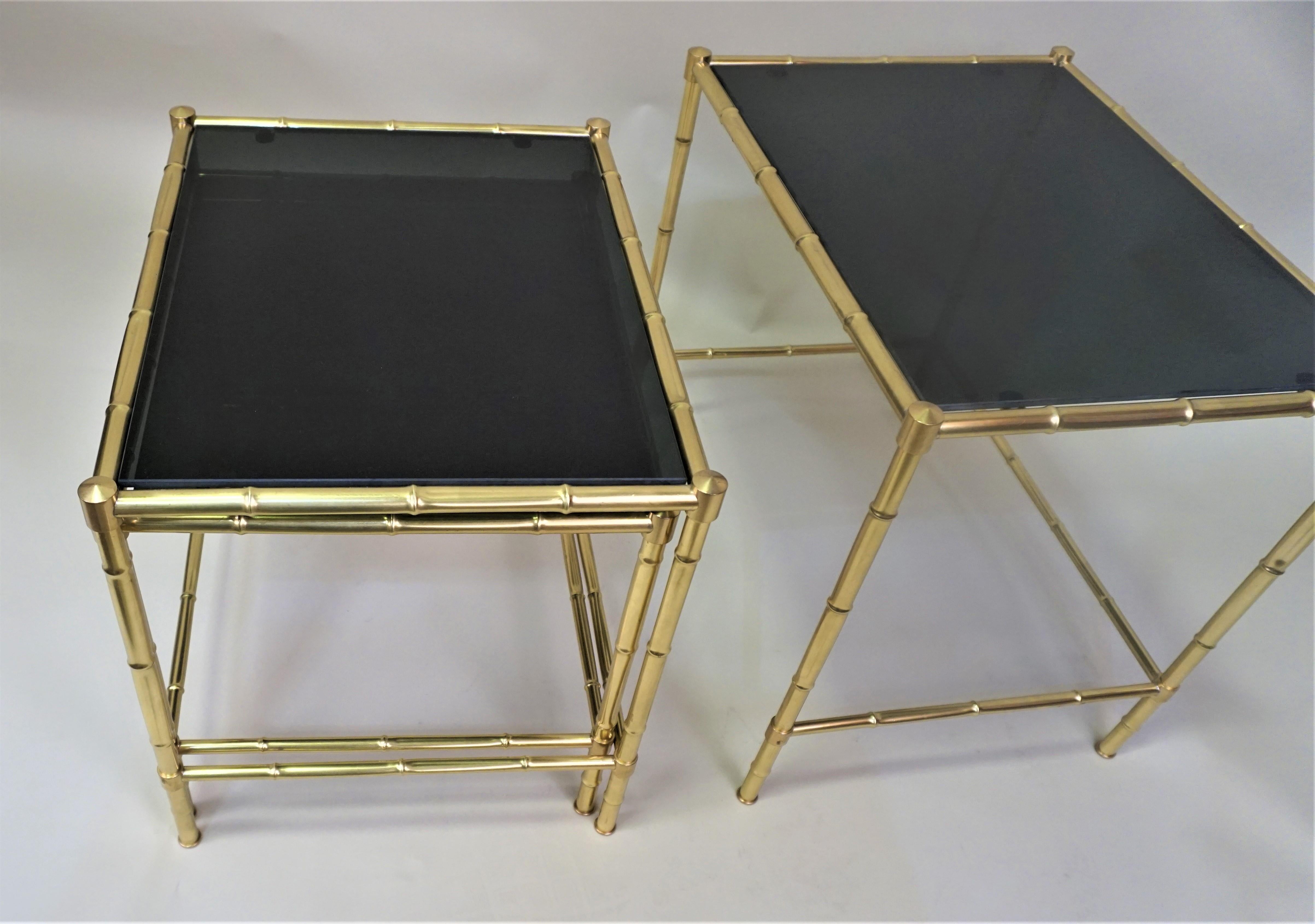 Glass Set of Three Bronze Faux Bamboo Nesting Tables and Stacking Tables