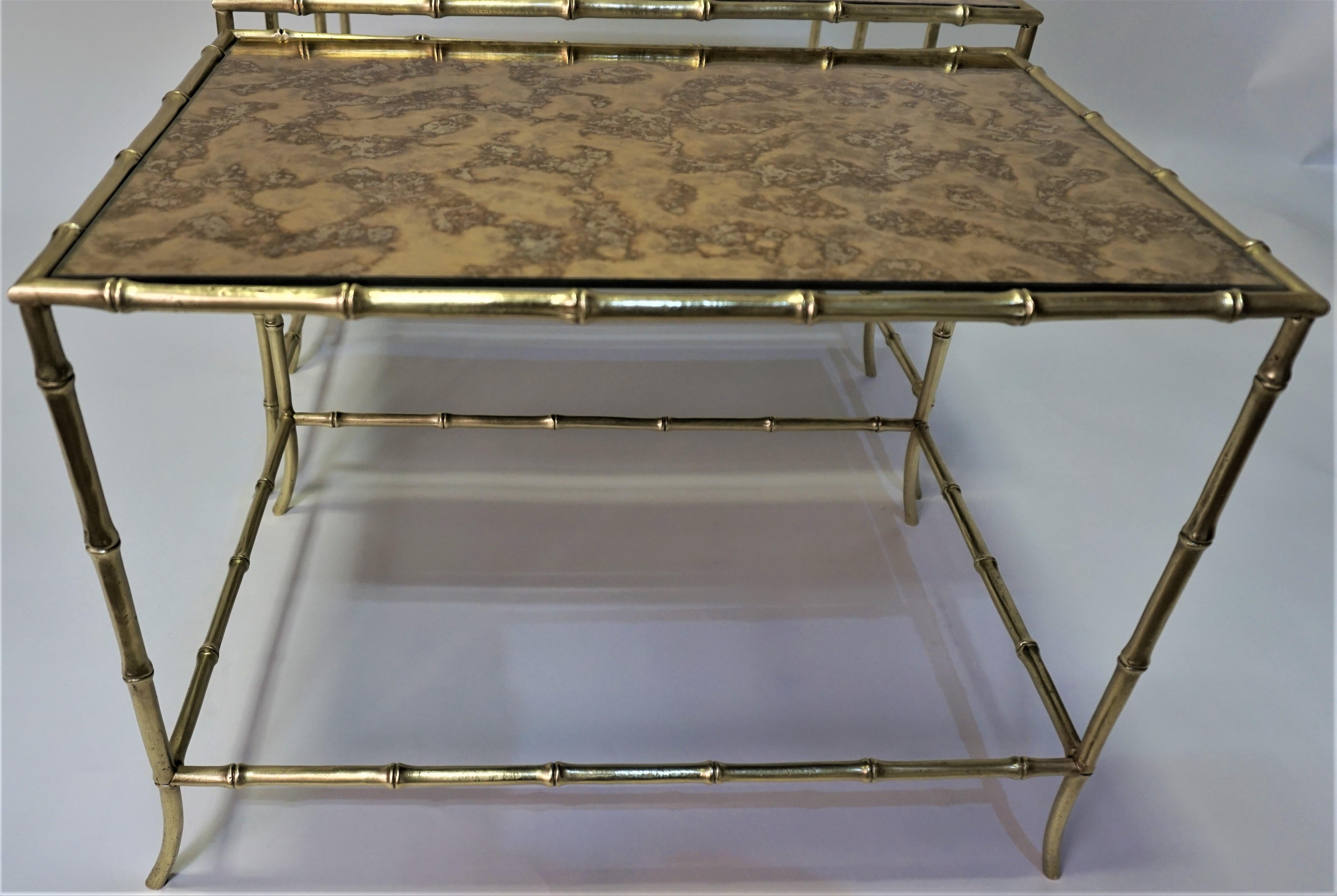 Mid-Century Modern Set of Three Bronze faux Bamboo Nesting Tables with by Maison Baguès