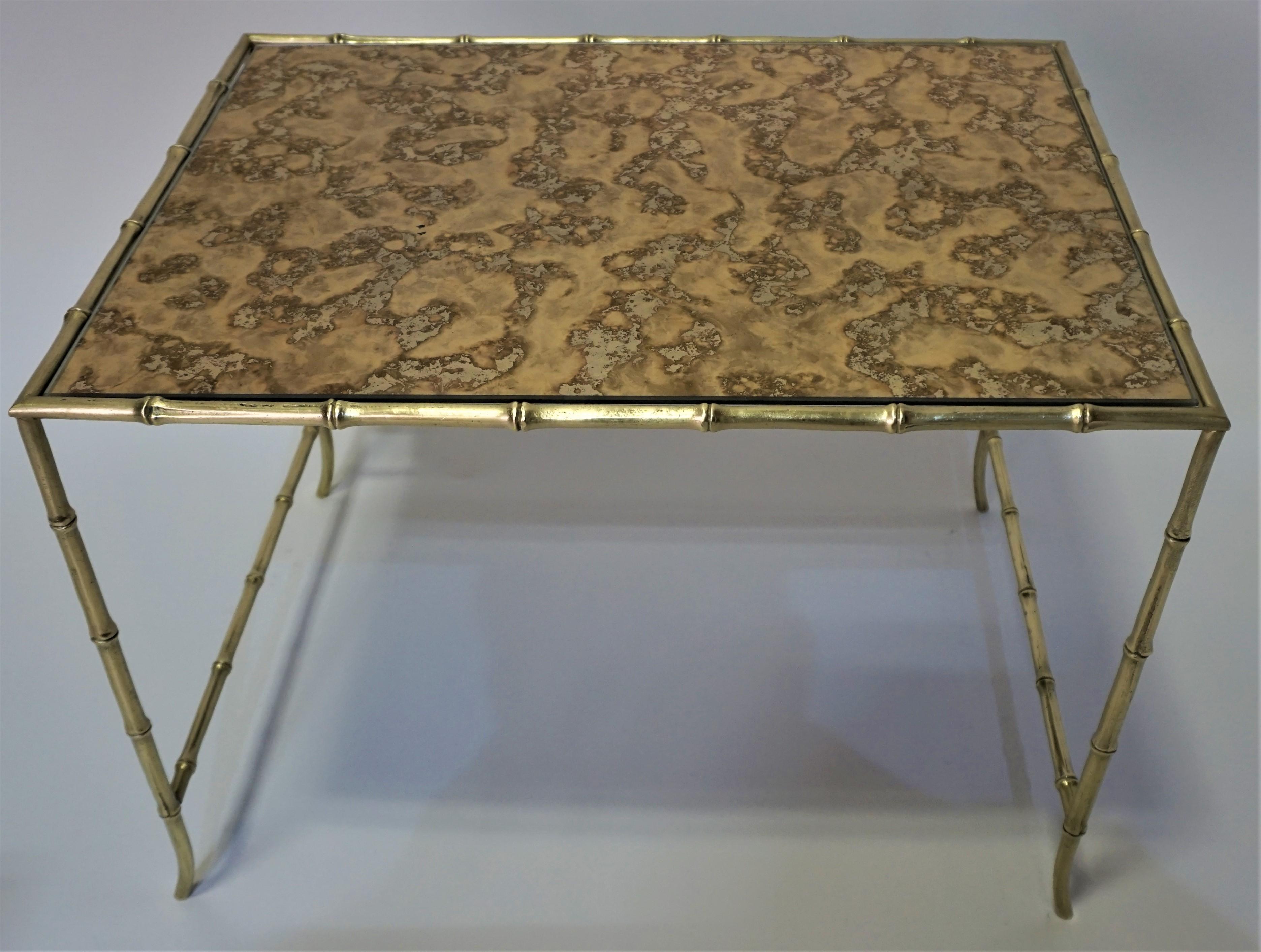 Mid-20th Century Set of Three Bronze faux Bamboo Nesting Tables with by Maison Baguès