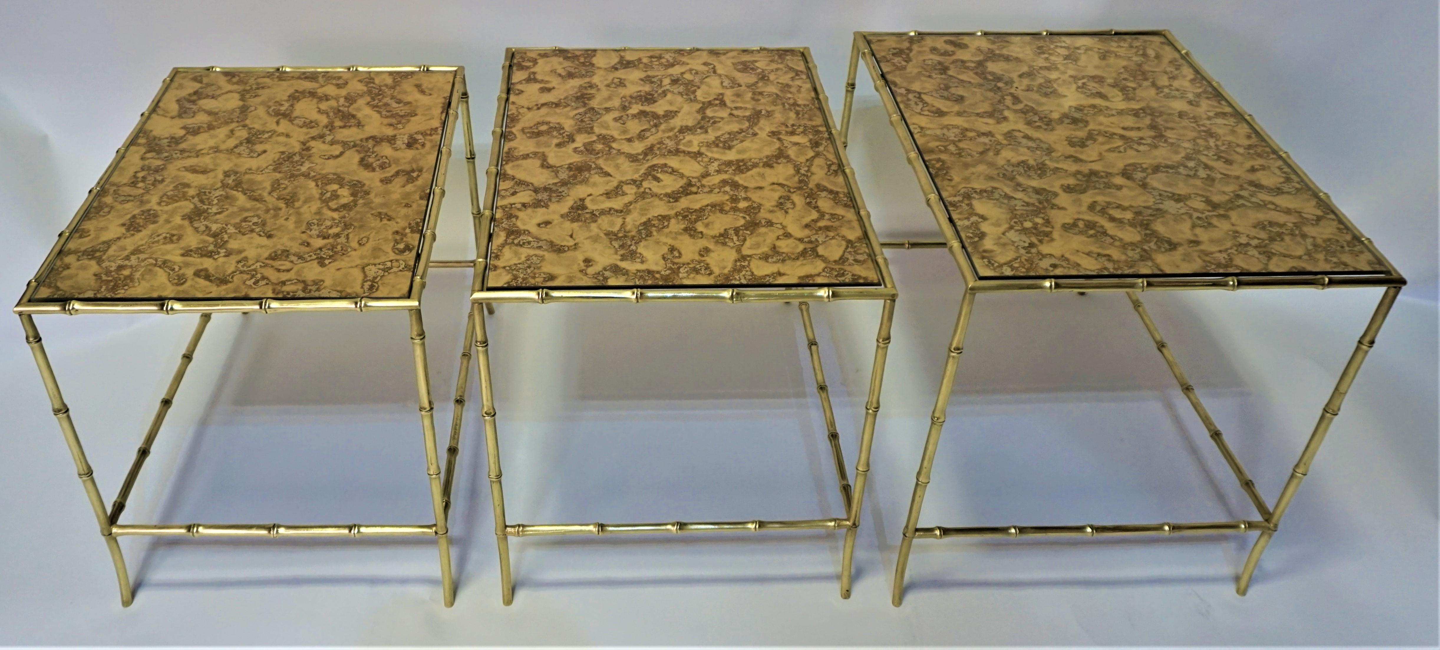Set of Three Bronze faux Bamboo Nesting Tables with by Maison Baguès 1