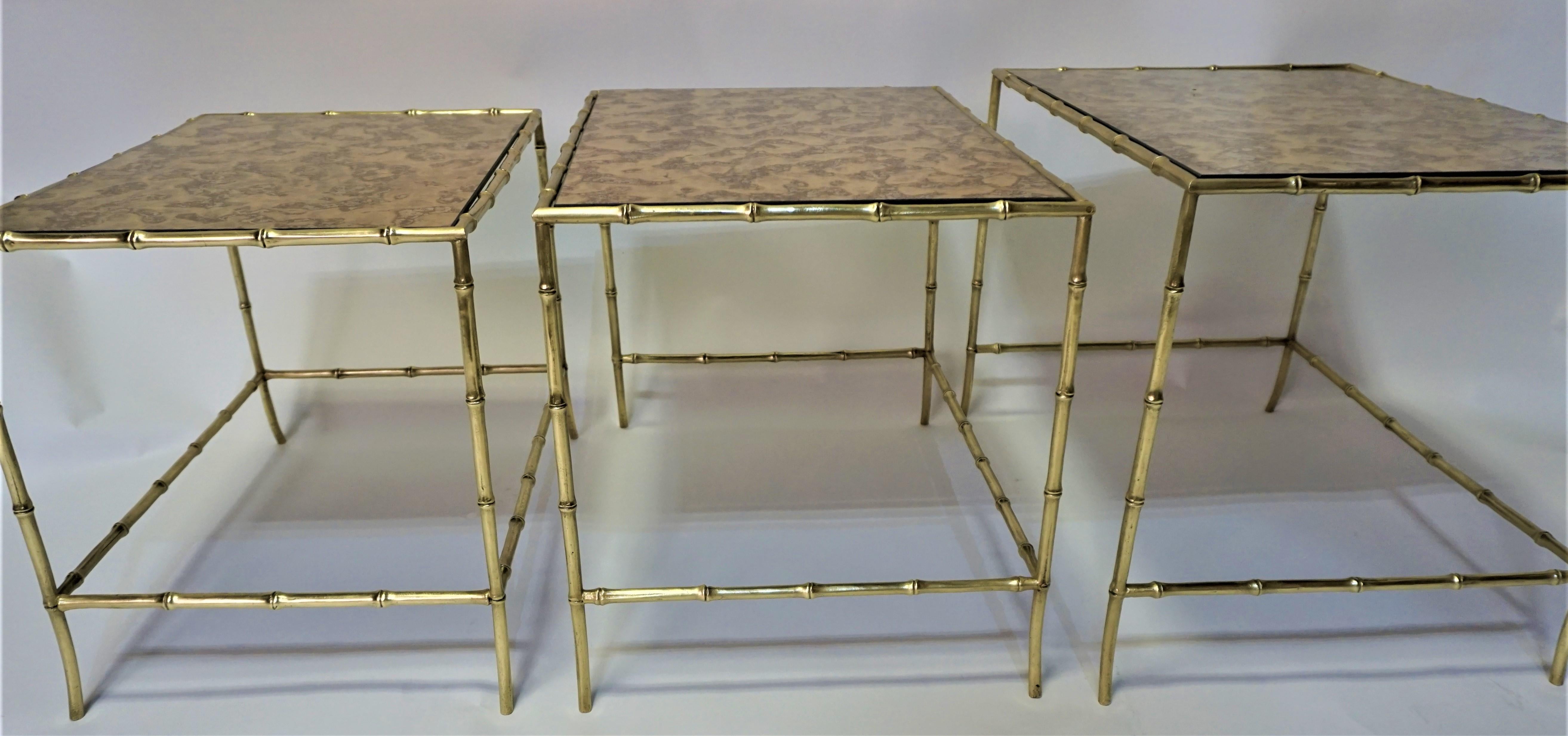 Set of Three Bronze faux Bamboo Nesting Tables with by Maison Baguès 2