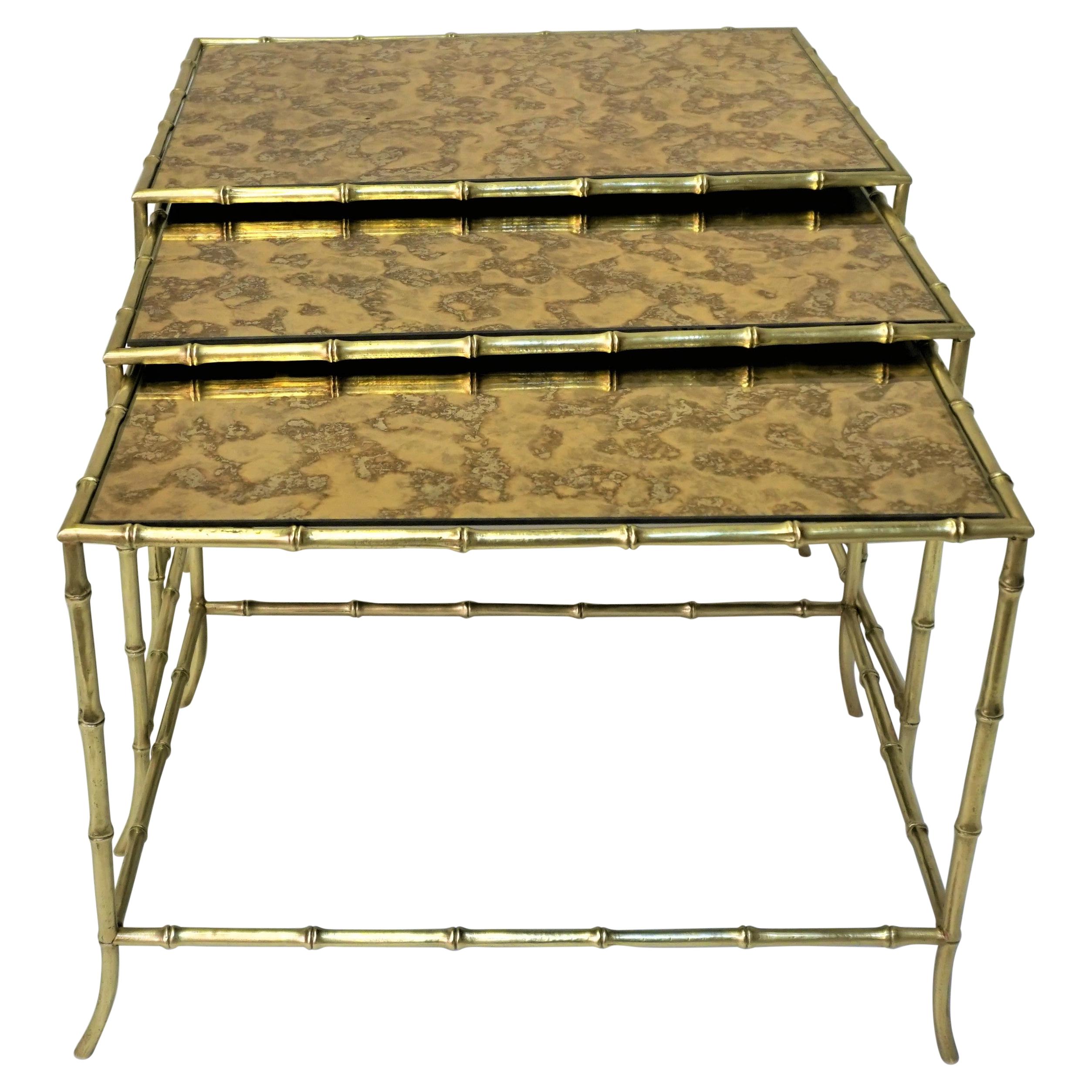 Set of Three Bronze faux Bamboo Nesting Tables with by Maison Baguès
