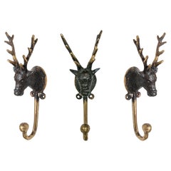 Set of Three Bronze Wall-Mounted Coat Racks with Deer Head and Hook