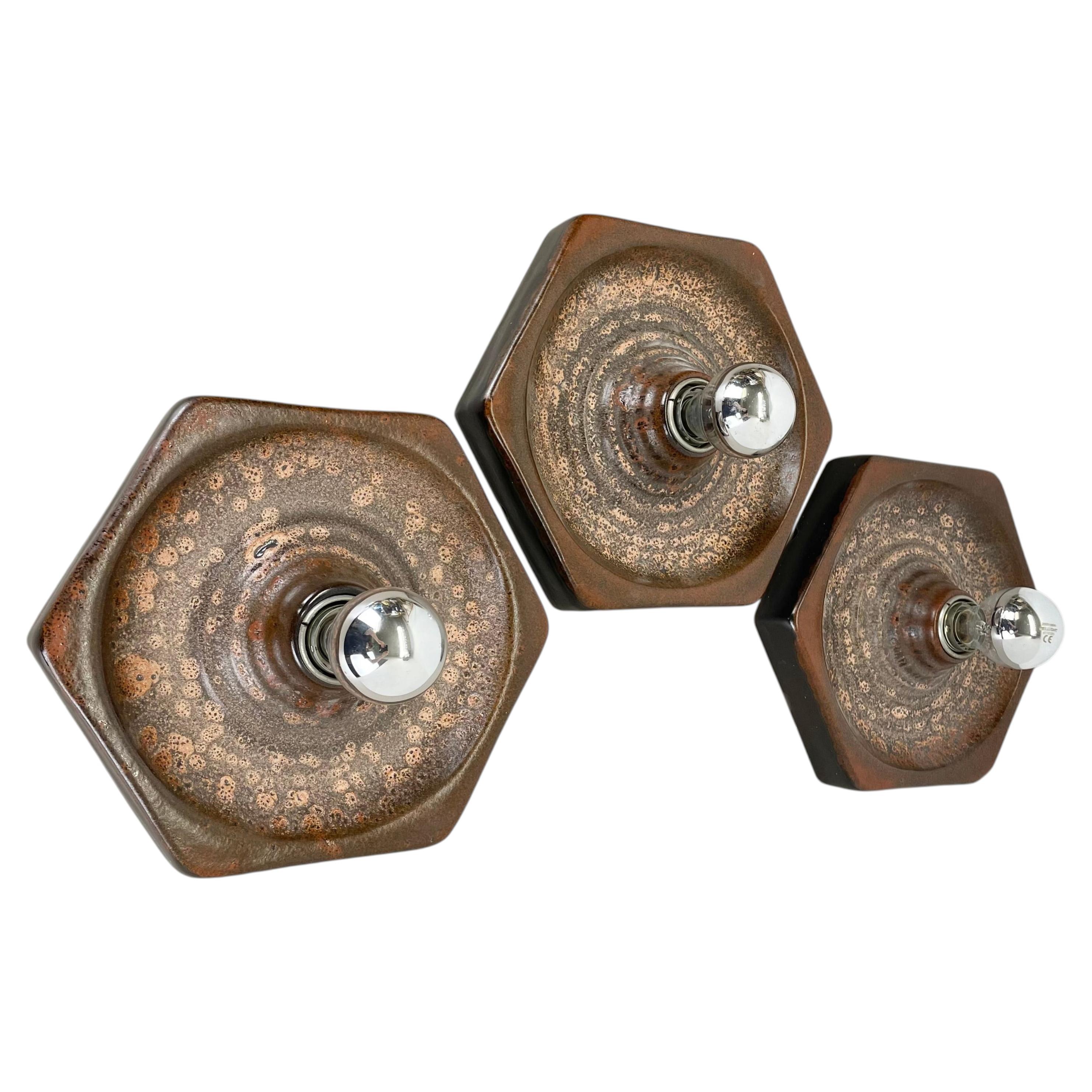 Set of Three brown Ceramic SPUTNIK Wall Lights by Pan Ceramics, Germany 1970s For Sale