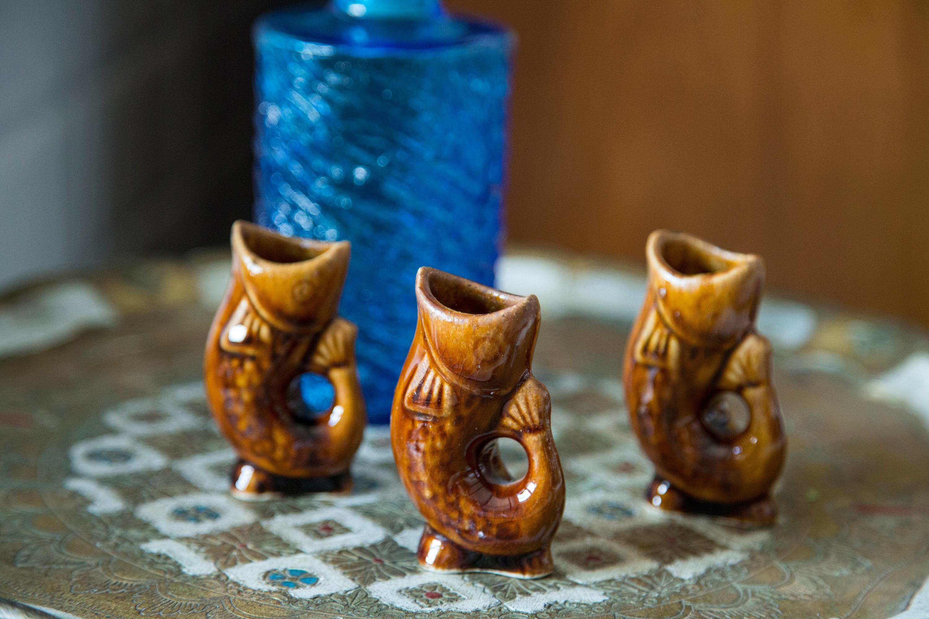 Hand-Painted Set of Three Brown Fish Small Glasses, 20th Century, Europe, 1960s For Sale