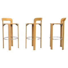 Set of Three Bruno Rey for Dietiker Light Birch Bar Stools with Chrome Footrests