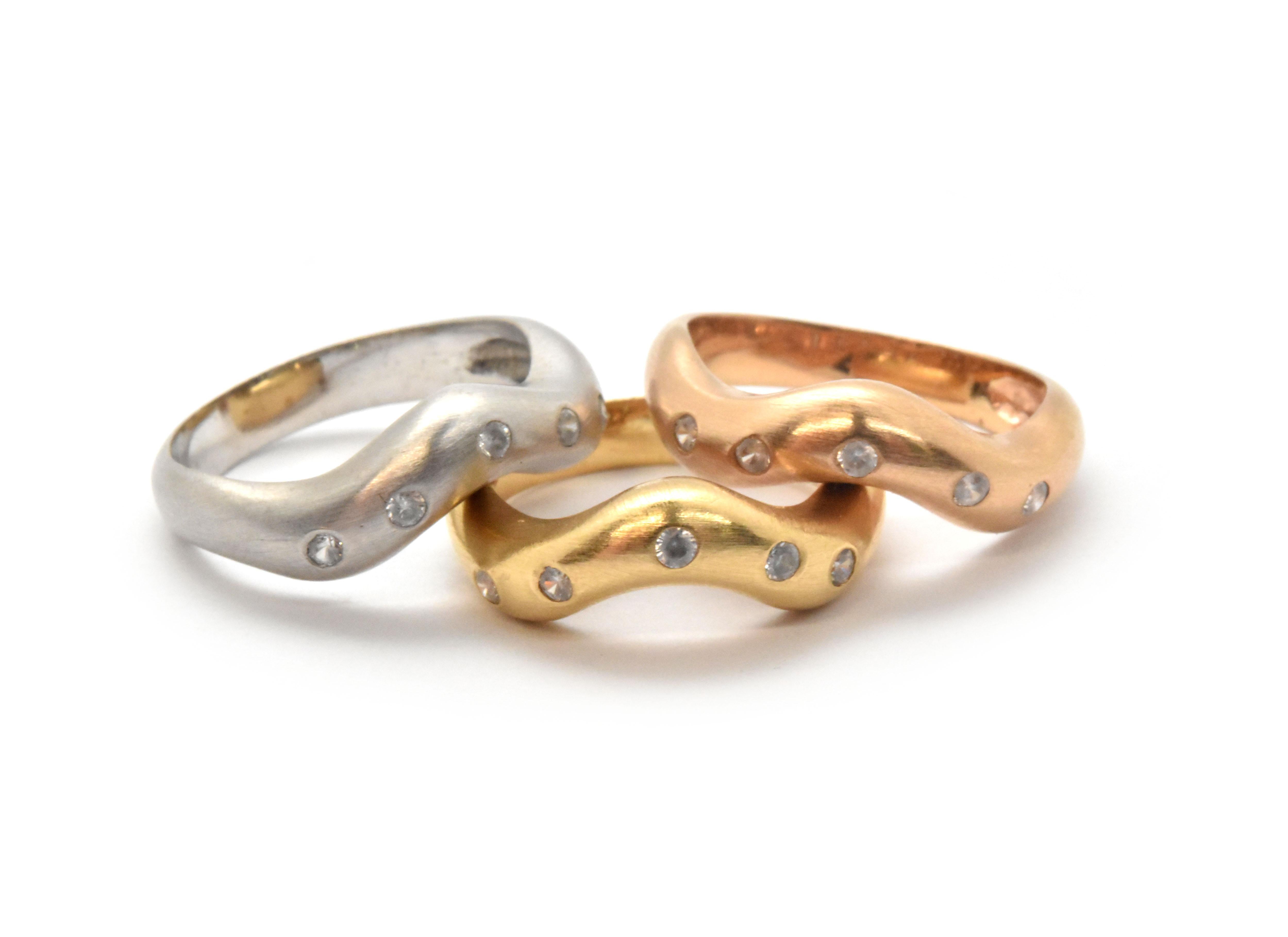 Round Cut Set of Three Brushed 18 Karat Tri-Color Gold and Diamond Stackable Rings